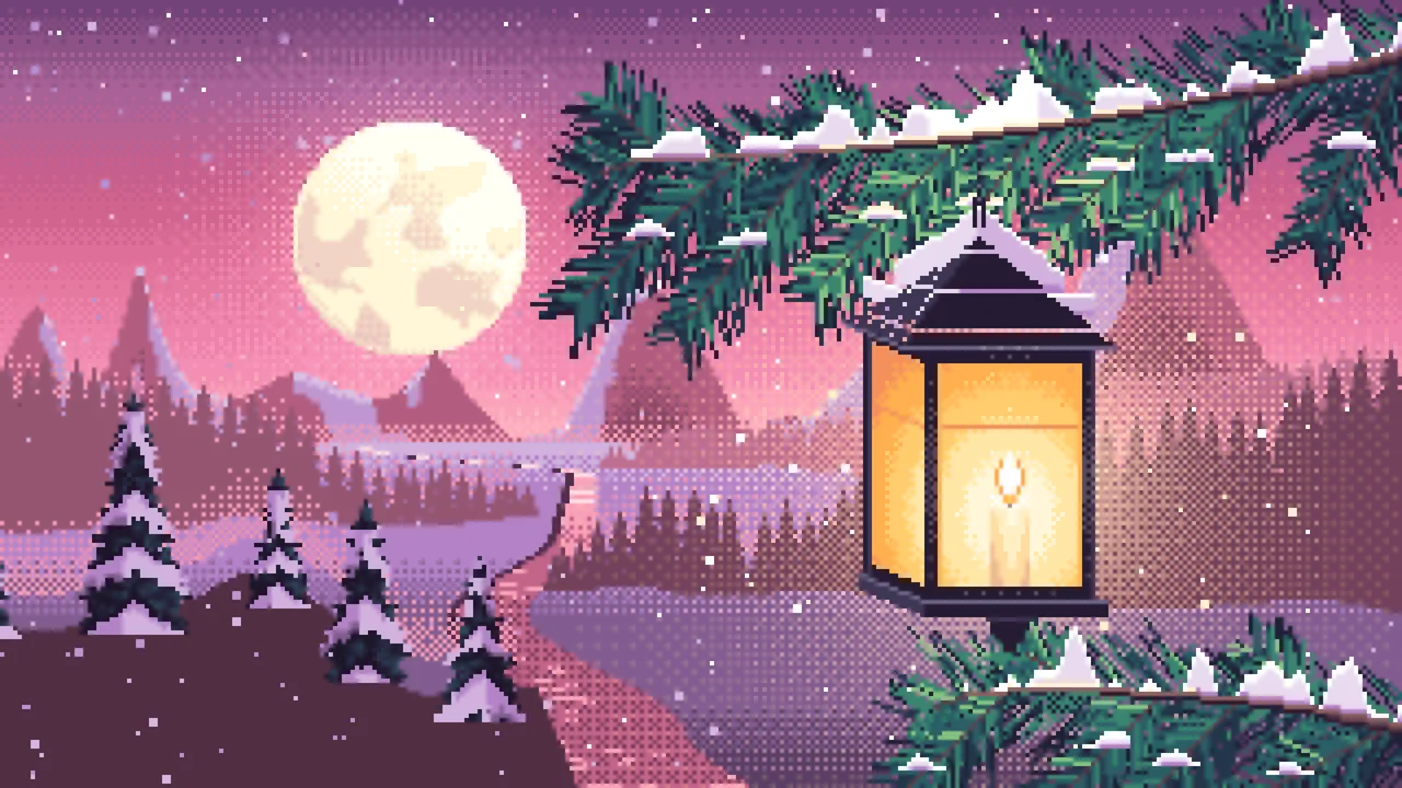 Pink Pixel Art Lantern on a Snowy Pine Branch desktop wallpaper in 4K