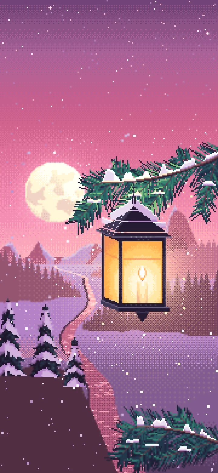 Pink Pixel Art Lantern on a Snowy Pine Branch wallpaper for iPhone and Android