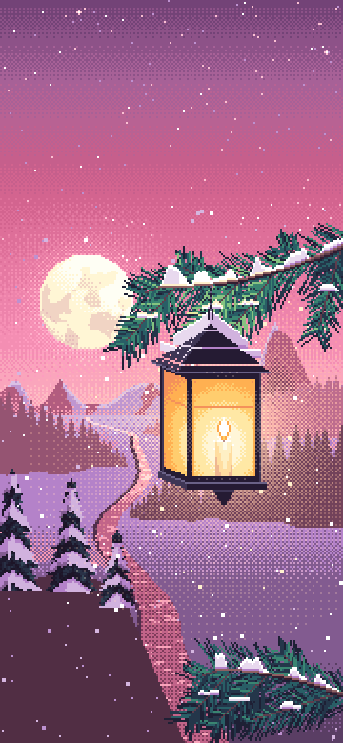 Pink Pixel Art Lantern on a Snowy Pine Branch wallpaper for iPhone and Android
