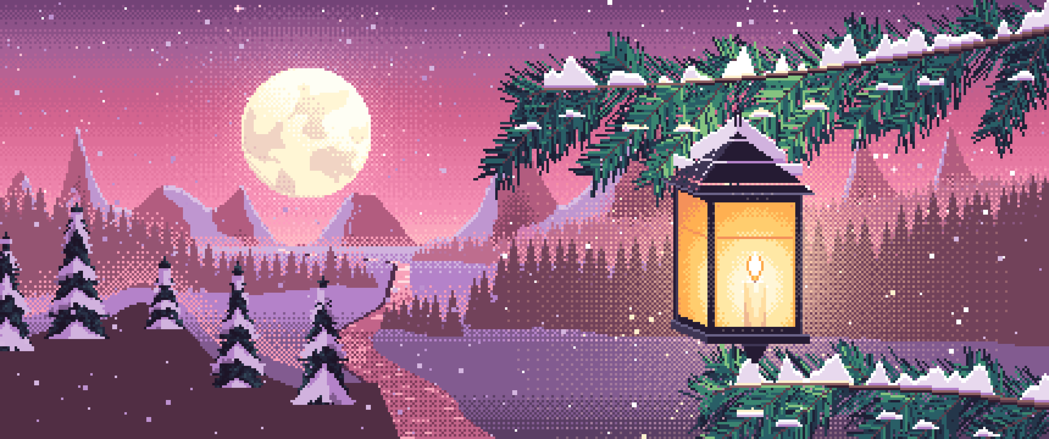 Pink Pixel Art Lantern on a Snowy Pine Branch ultrawide wallpaper, 3440 × 1440