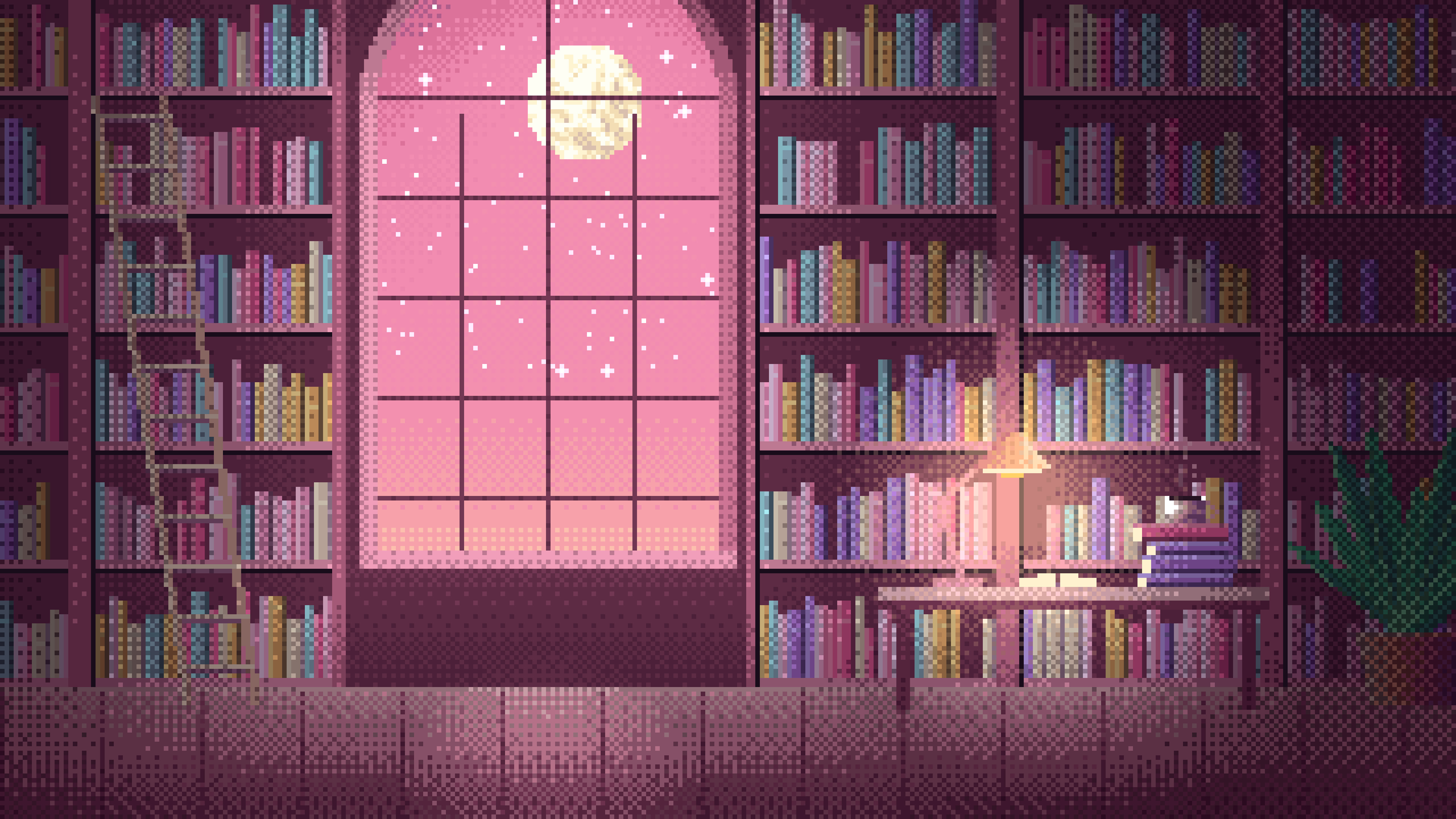 Pink Pixel Art Library desktop wallpaper in 4K