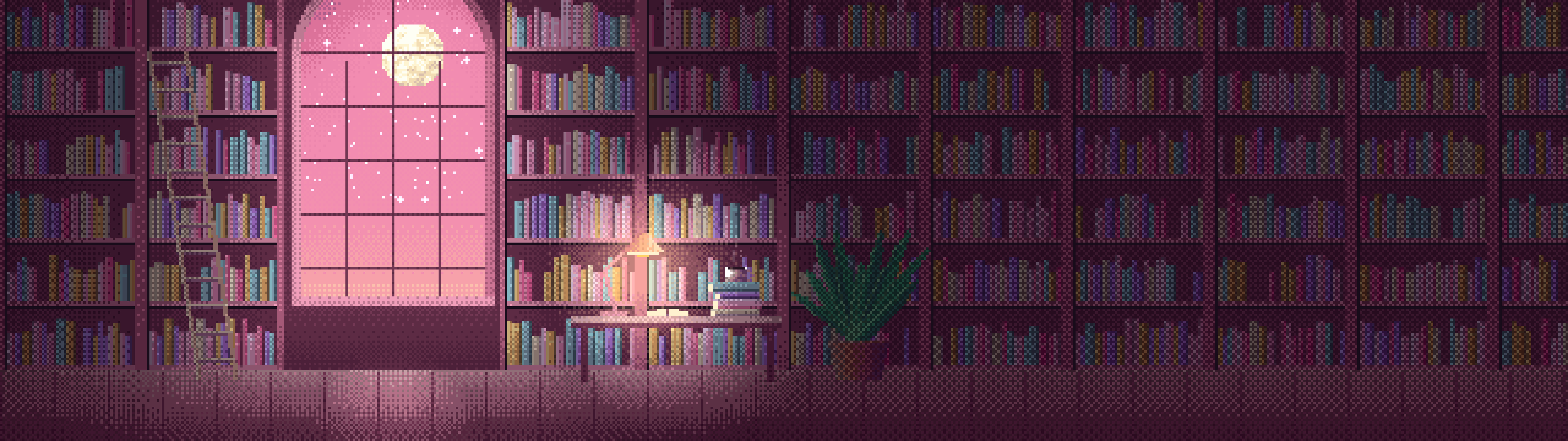 Pink Pixel Art Library dual monitor wallpaper, 7680 × 2160