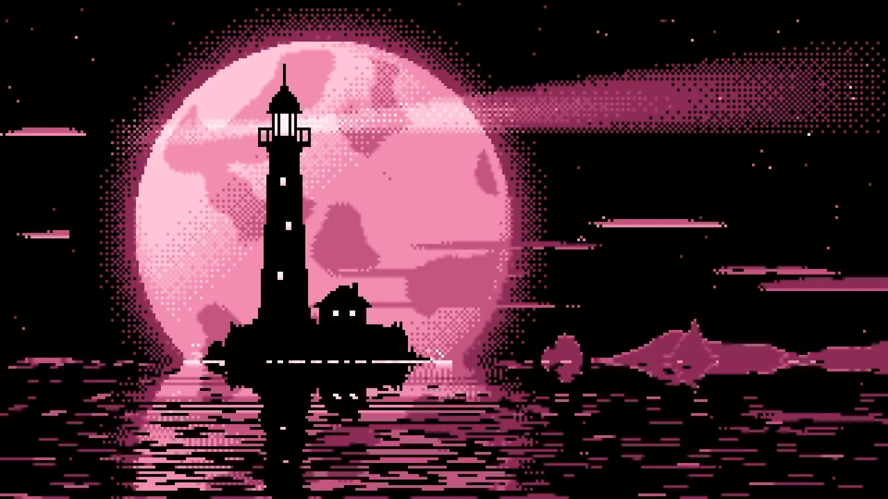 Pink Pixel Art Lighthouse and Full Moon desktop wallpaper in 4K
