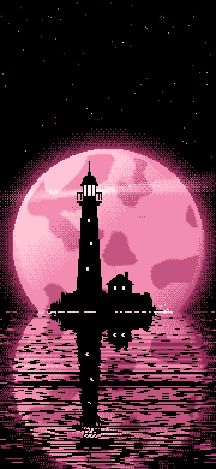 Pink Pixel Art Lighthouse and Full Moon wallpaper for iPhone and Android