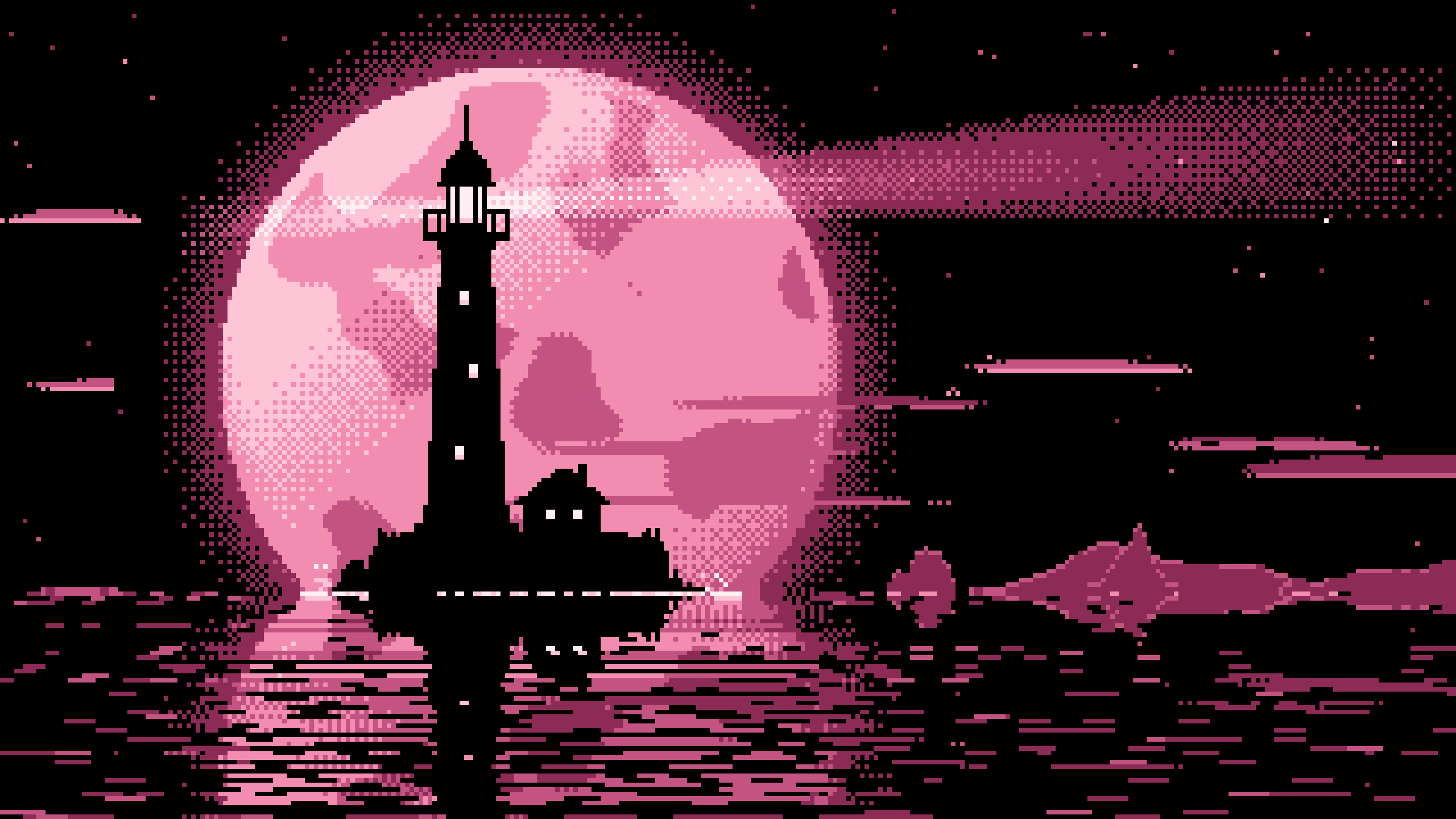 Pink Pixel Art Lighthouse and Full Moon desktop wallpaper in 4K