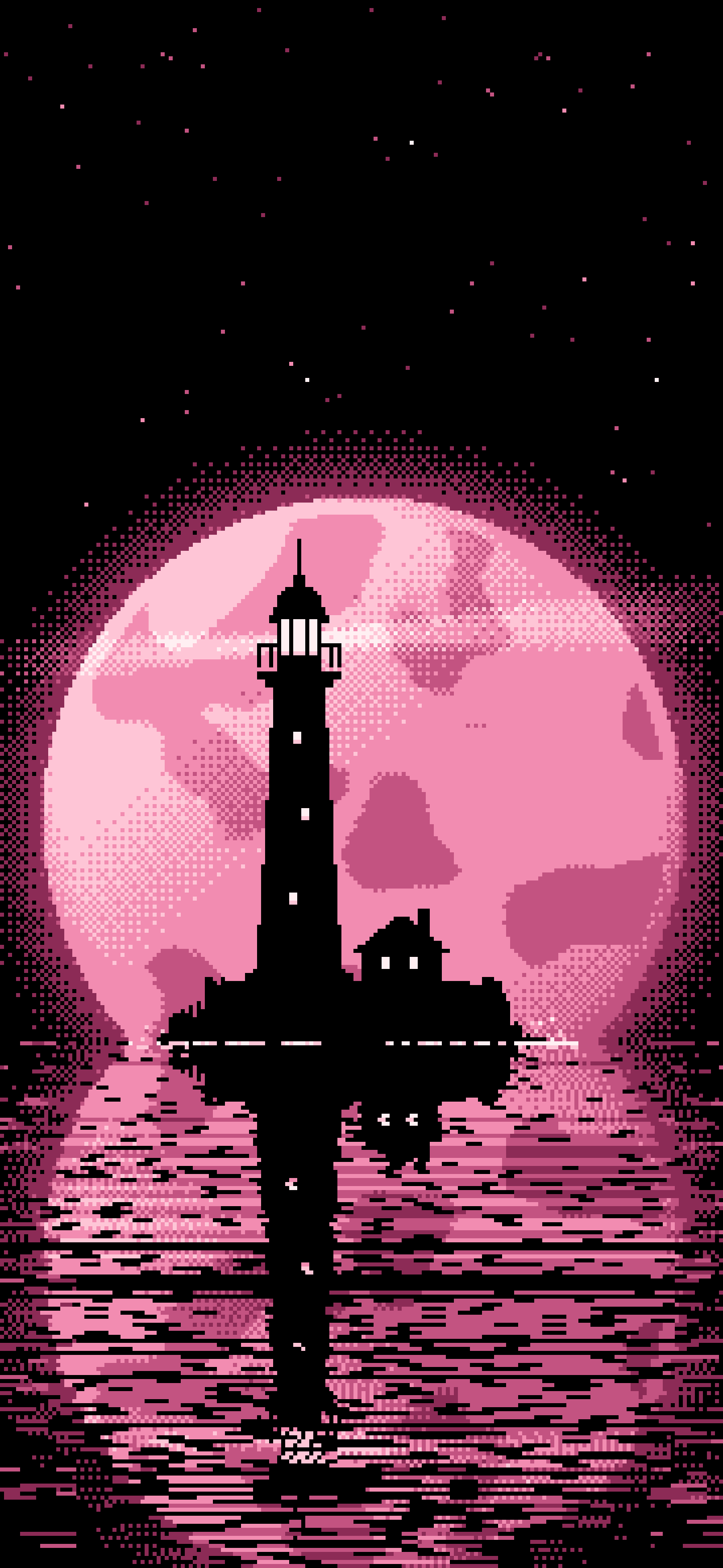 Pink Pixel Art Lighthouse and Full Moon wallpaper for iPhone and Android