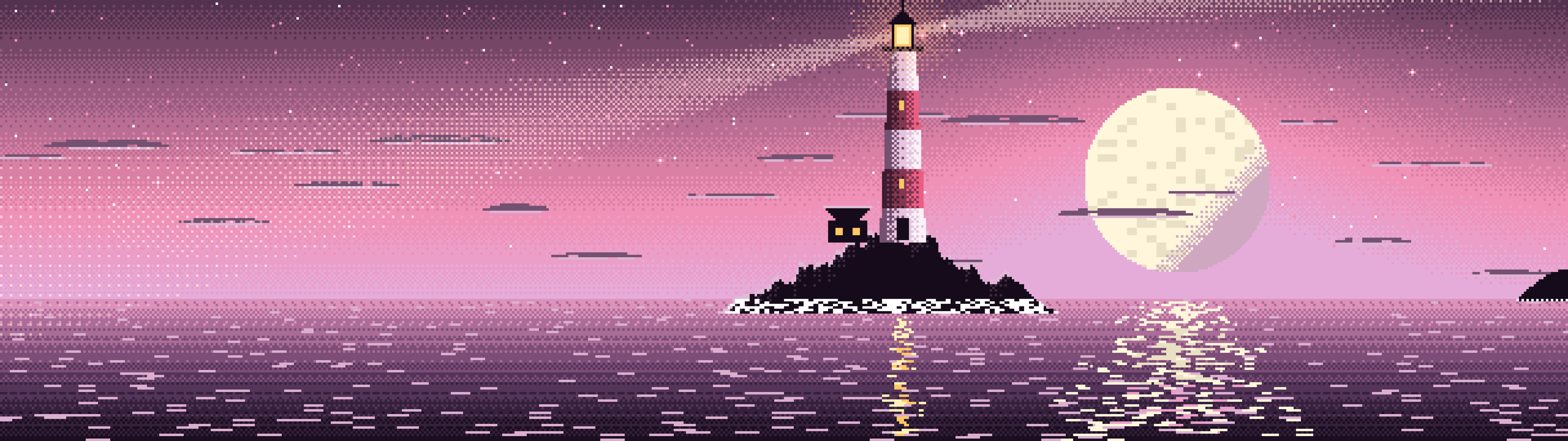 Pink Pixel Art Lighthouse dual monitor wallpaper, 7680 × 2160
