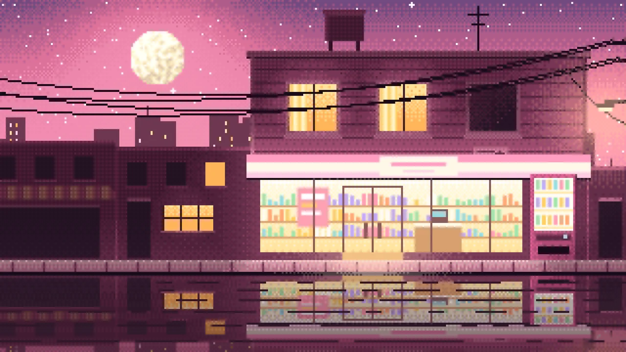 Pink Pixel Art Lofi Convenience Store at Night desktop wallpaper in 4K