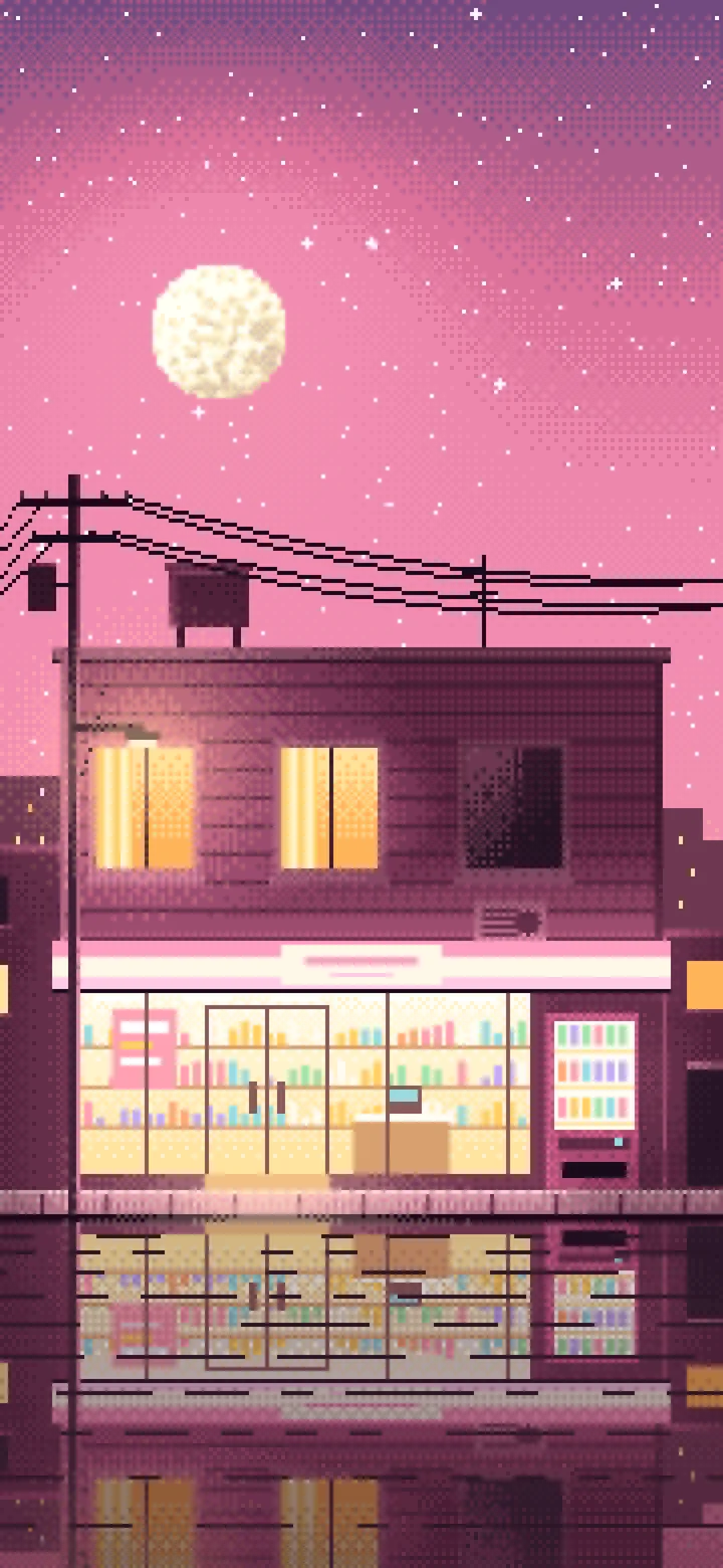 Pink Pixel Art Lofi Convenience Store at Night wallpaper for iPhone and Android