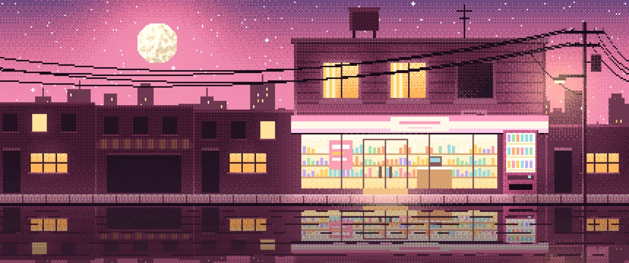 Pink Pixel Art Lofi Convenience Store at Night ultrawide wallpaper, 3440 × 1440
