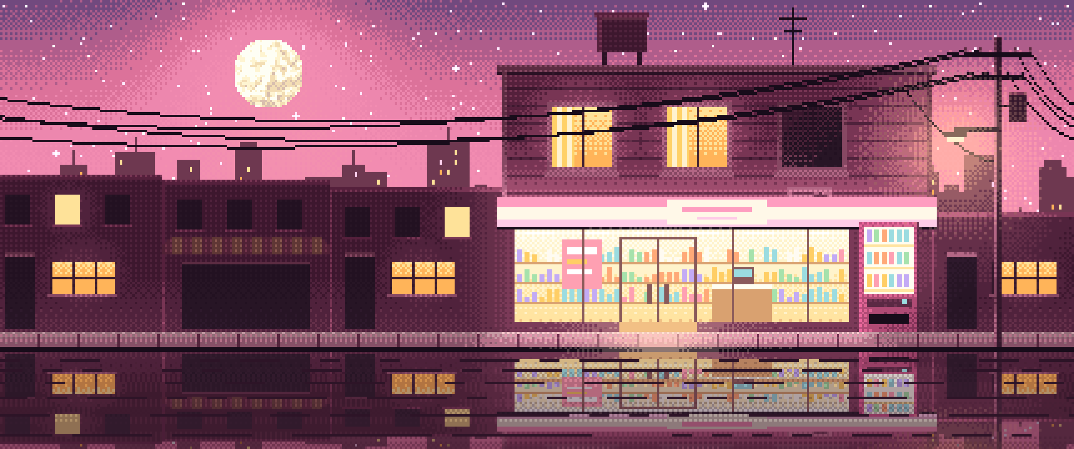 Pink Pixel Art Lofi Convenience Store at Night ultrawide wallpaper, 3440 × 1440