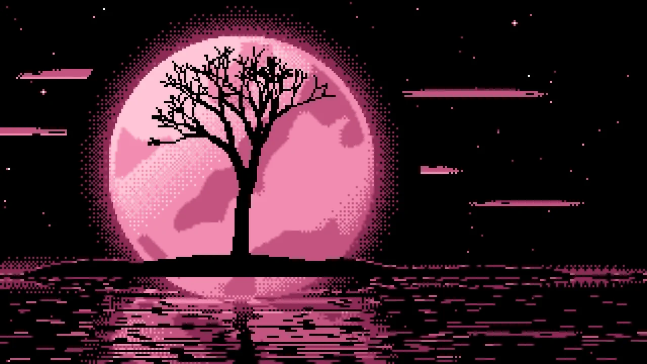 Pink Pixel Art Lone Tree and Full Moon desktop wallpaper in 4K
