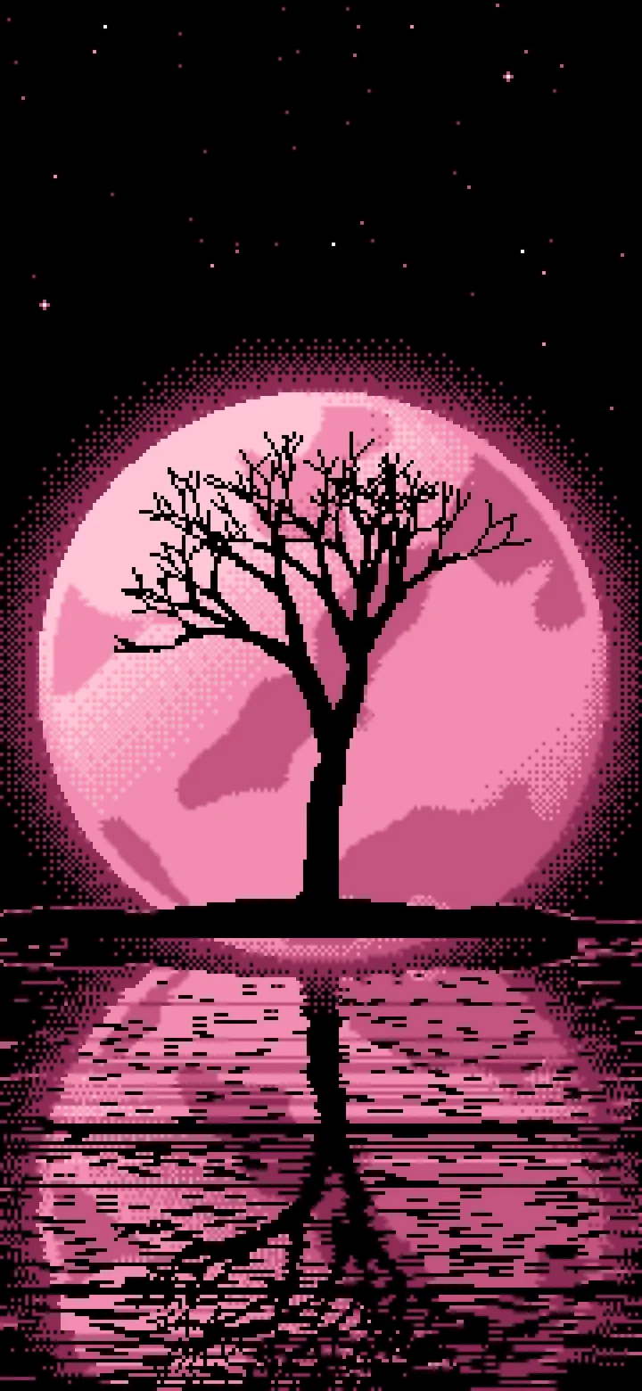 Pink Pixel Art Lone Tree and Full Moon wallpaper for iPhone and Android