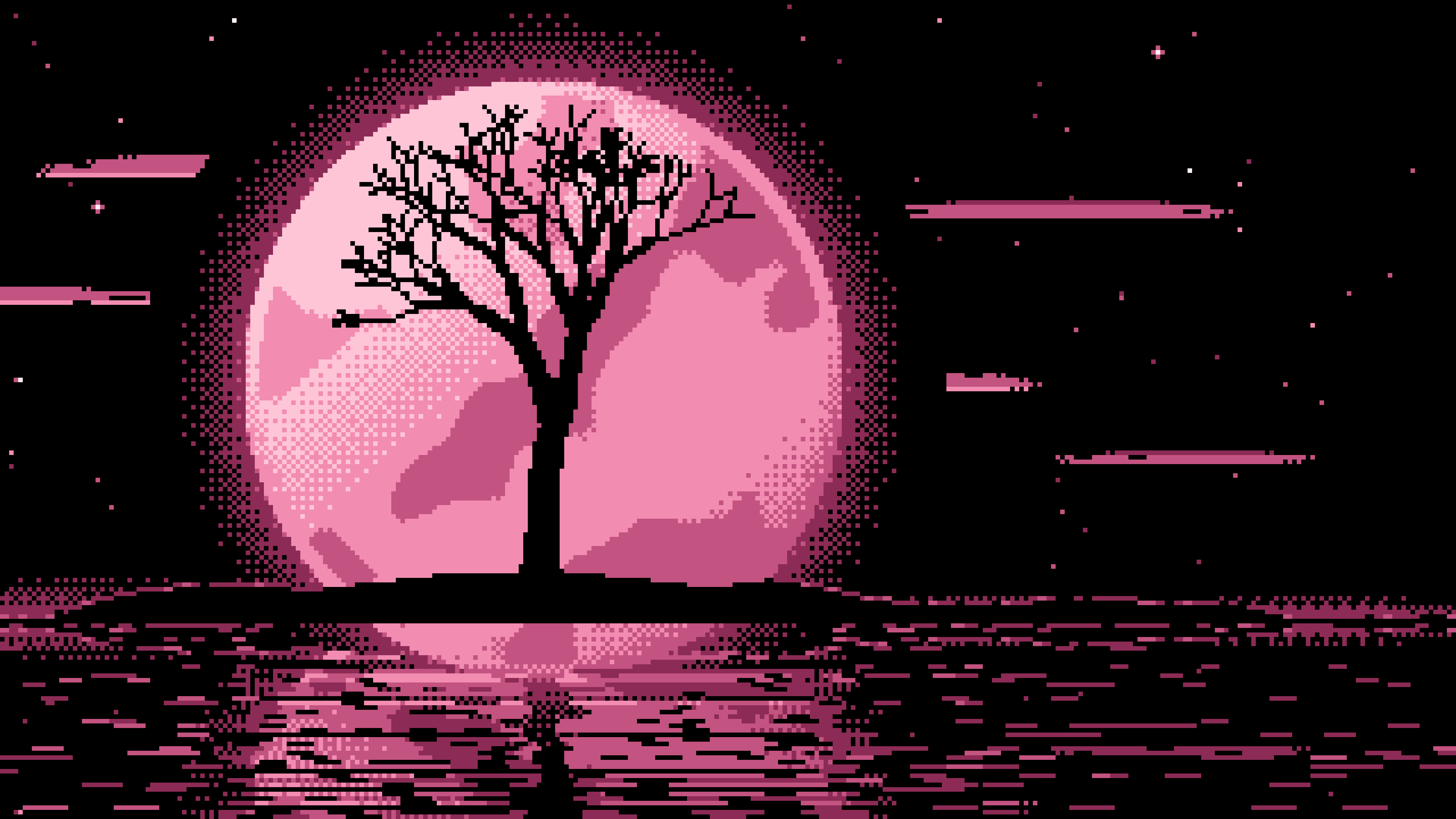 Pink Pixel Art Lone Tree and Full Moon desktop wallpaper in 4K