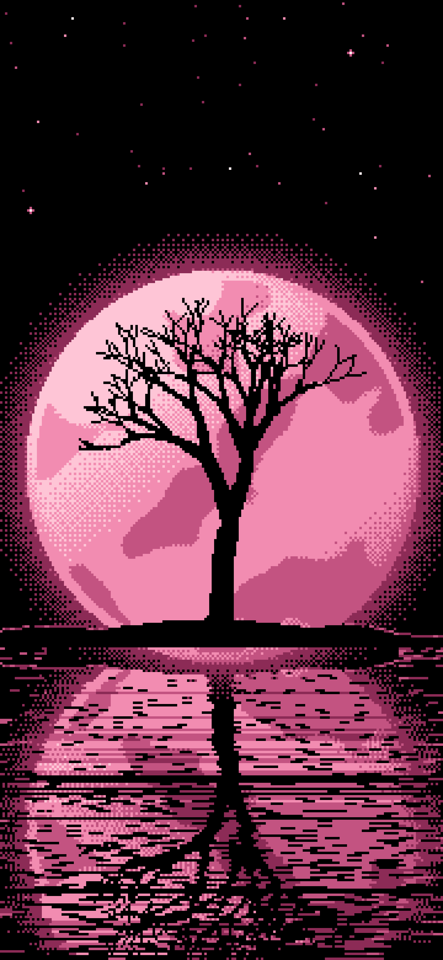 Pink Pixel Art Lone Tree and Full Moon wallpaper for iPhone and Android
