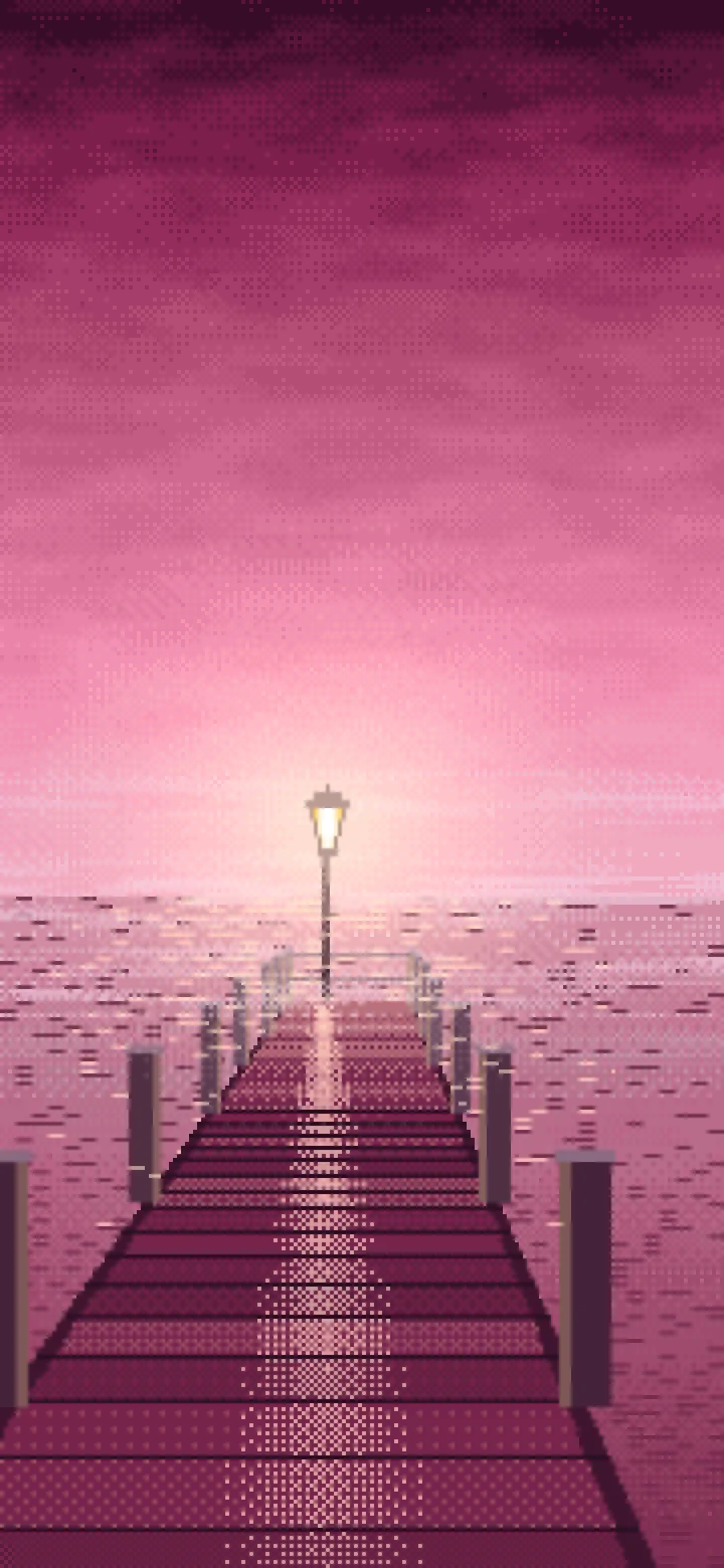 Pink Pixel Art Lonely Pier in the Fog wallpaper for iPhone and Android