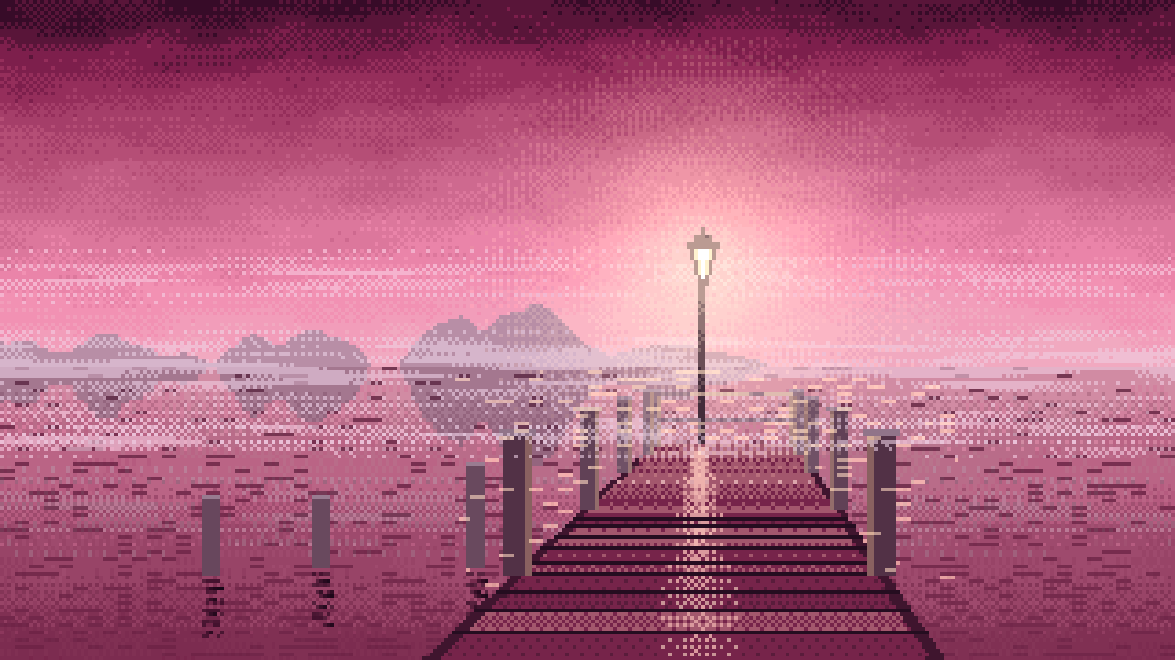 Pink Pixel Art Lonely Pier in the Fog desktop wallpaper in 4K