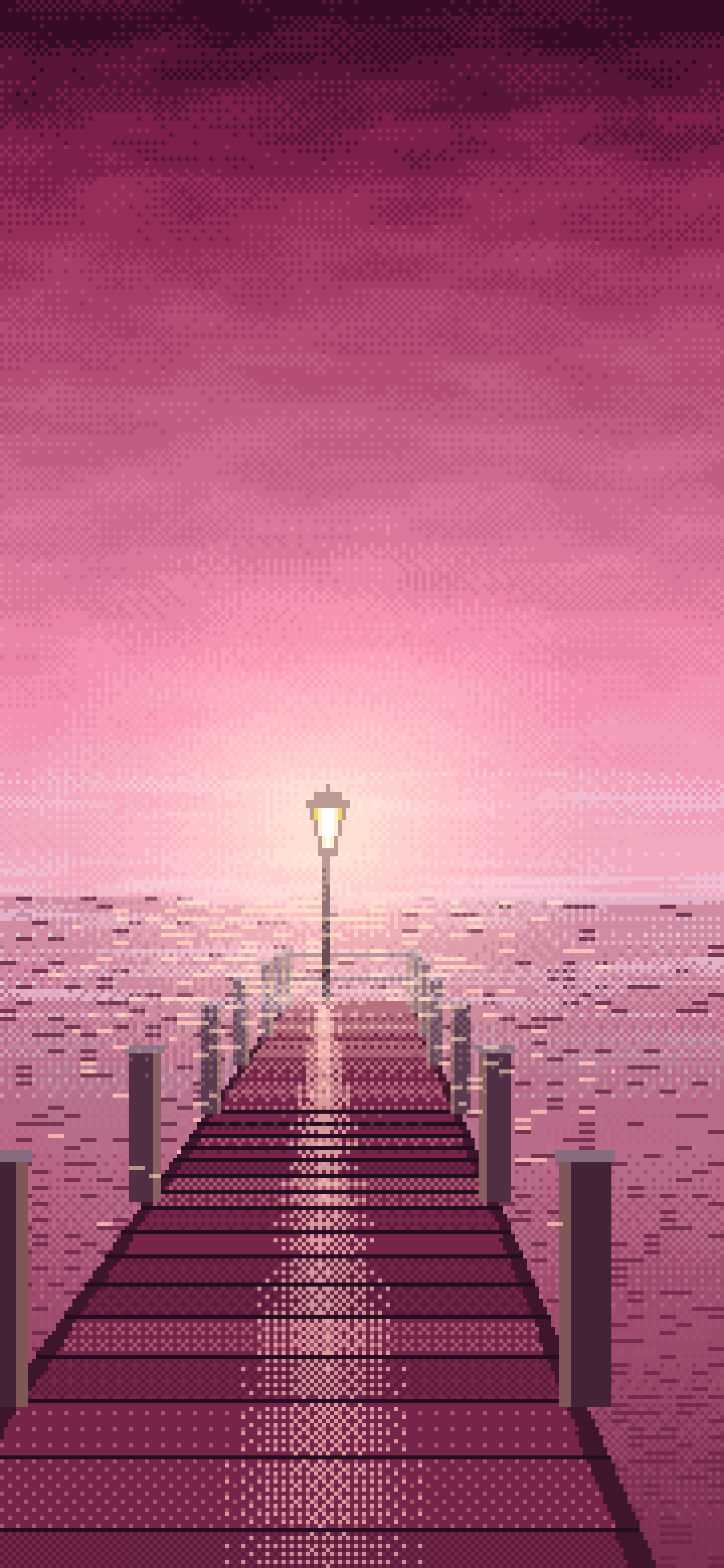 Pink Pixel Art Lonely Pier in the Fog wallpaper for iPhone and Android