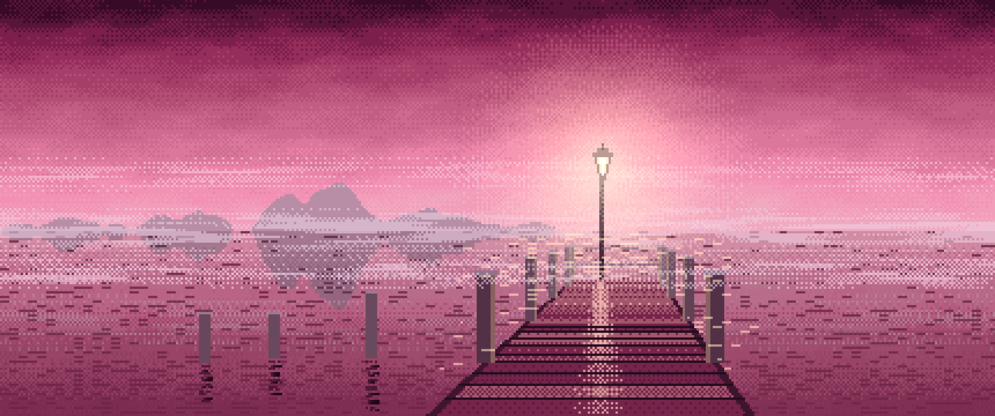 Pink Pixel Art Lonely Pier in the Fog ultrawide wallpaper, 3440 × 1440