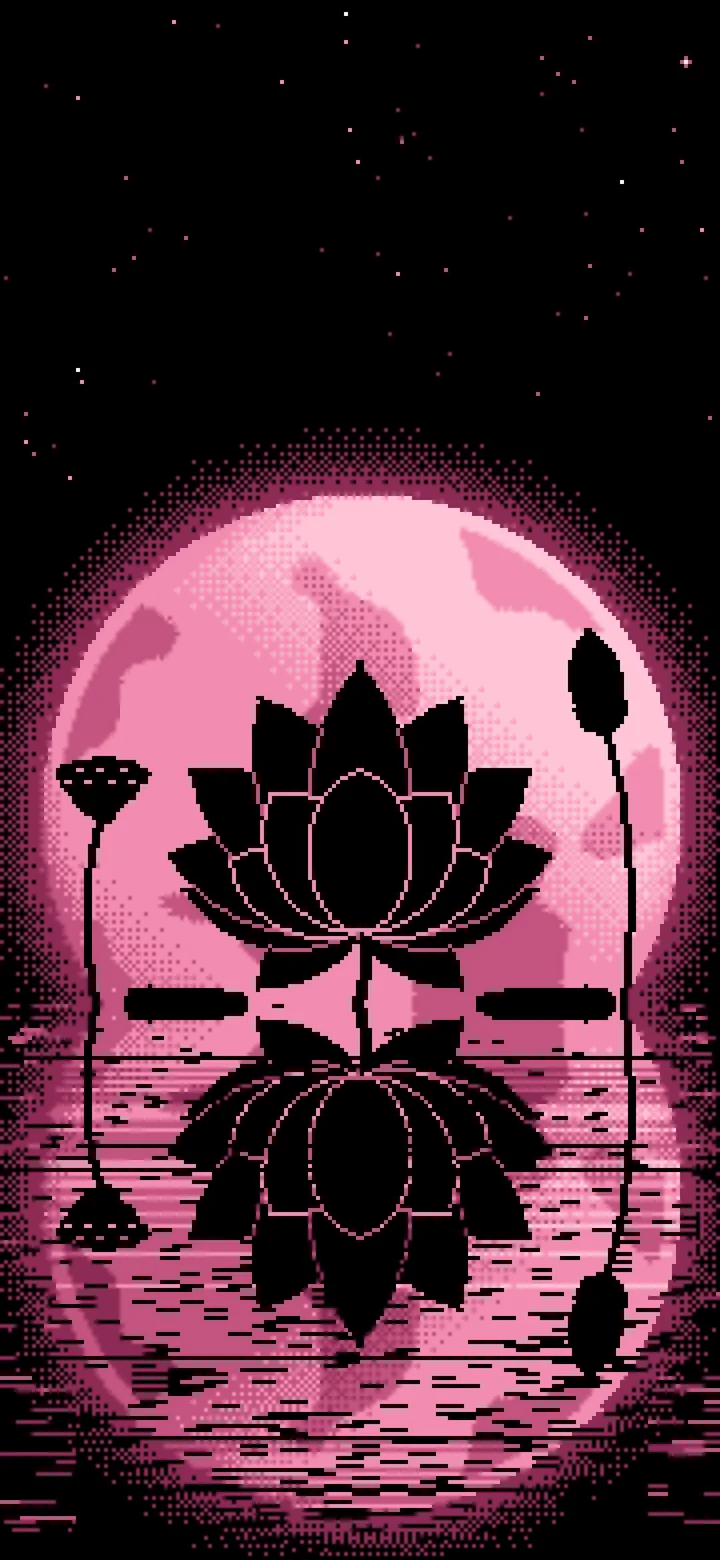 Pink Pixel Art Lotus Flower and Full Moon wallpaper for iPhone and Android