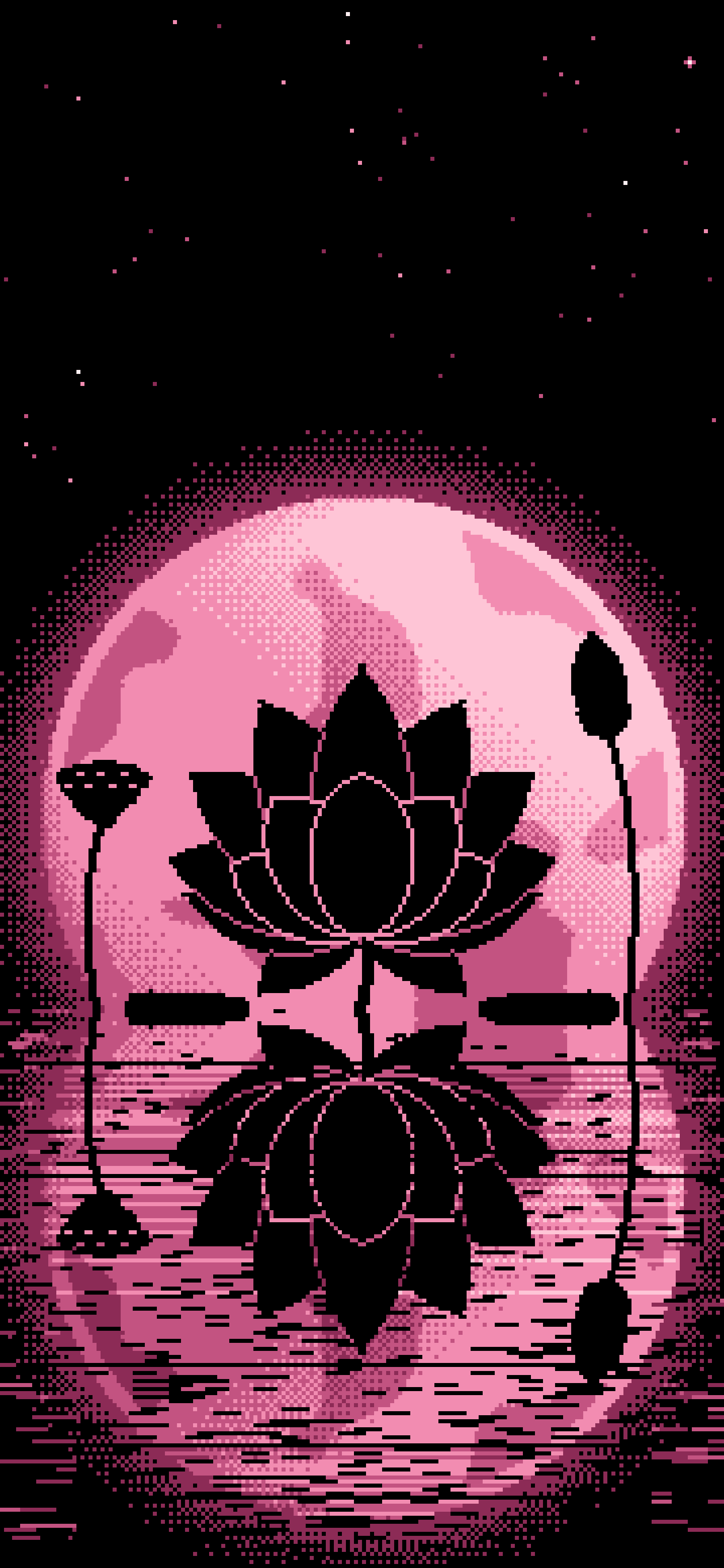 Pink Pixel Art Lotus Flower and Full Moon wallpaper for iPhone and Android