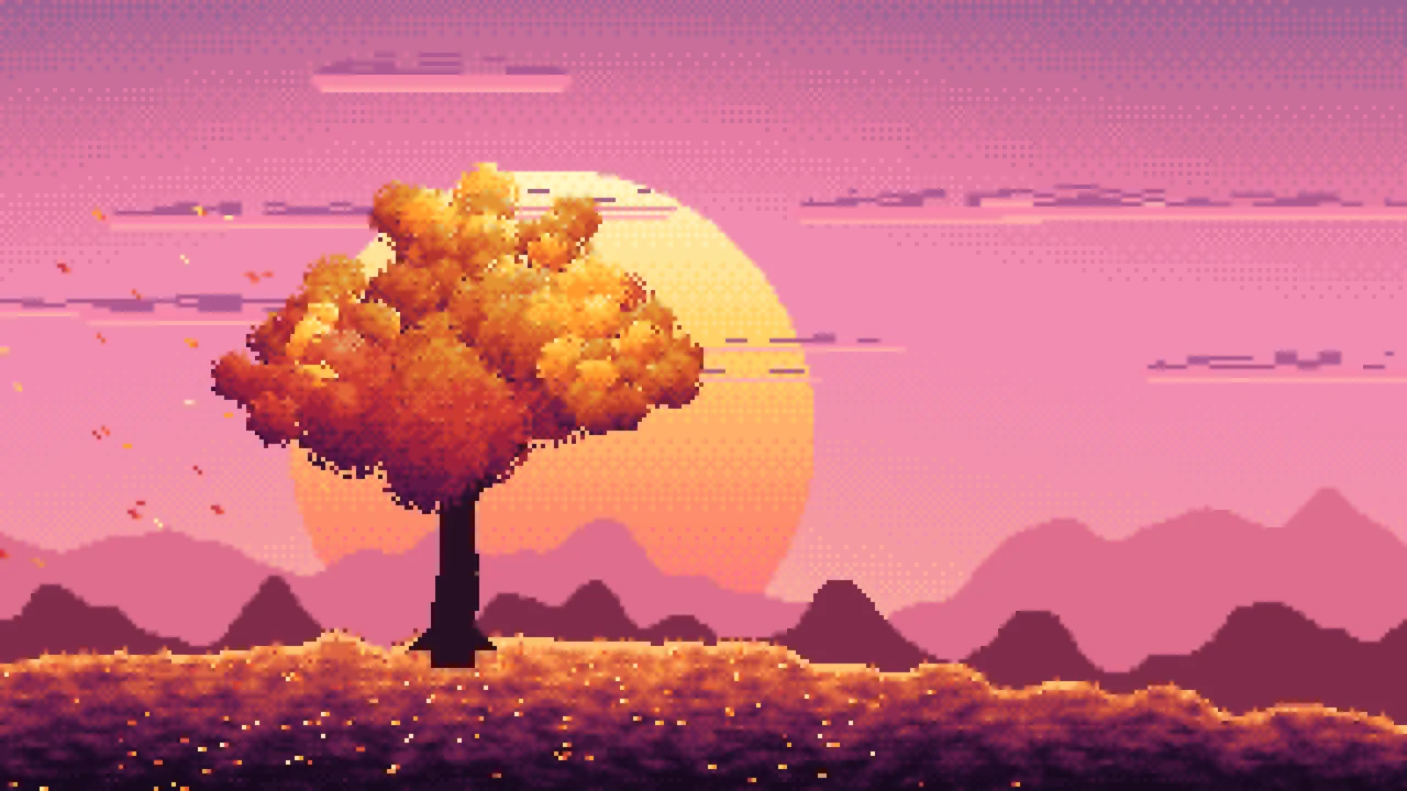 Pink Pixel Art Maple Tree at Sunset desktop wallpaper in 4K