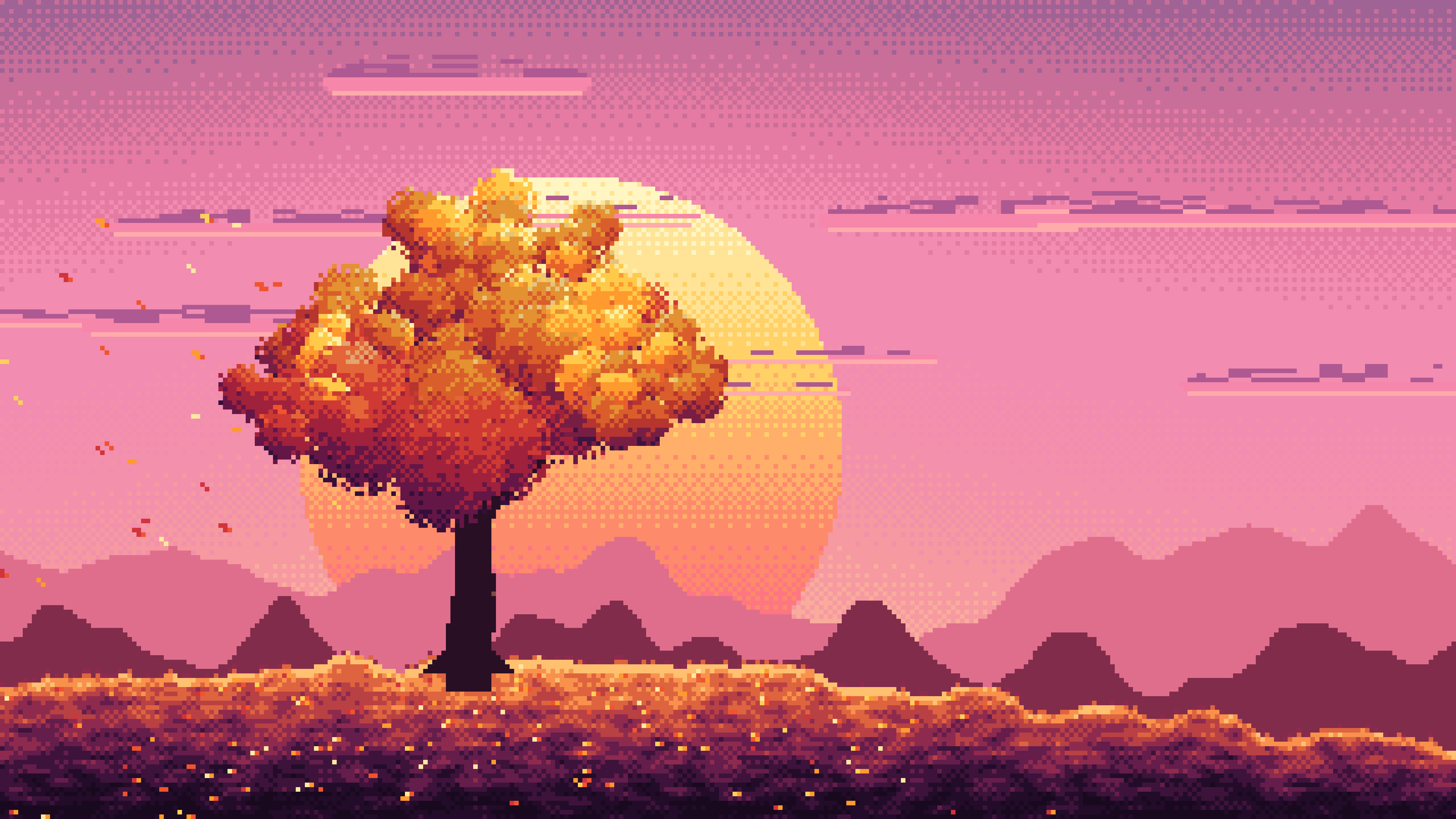 Pink Pixel Art Maple Tree at Sunset desktop wallpaper in 4K