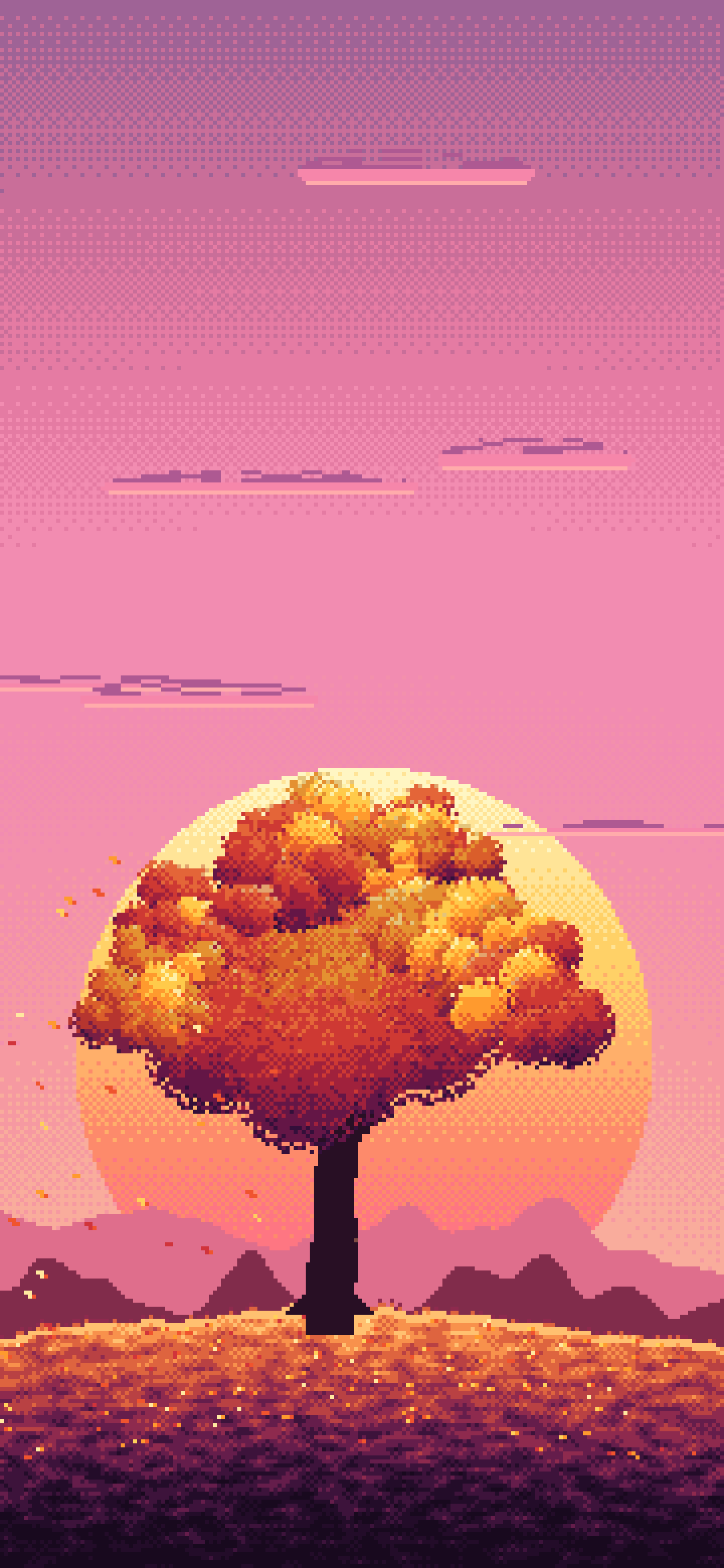 Pink Pixel Art Maple Tree at Sunset wallpaper for iPhone and Android