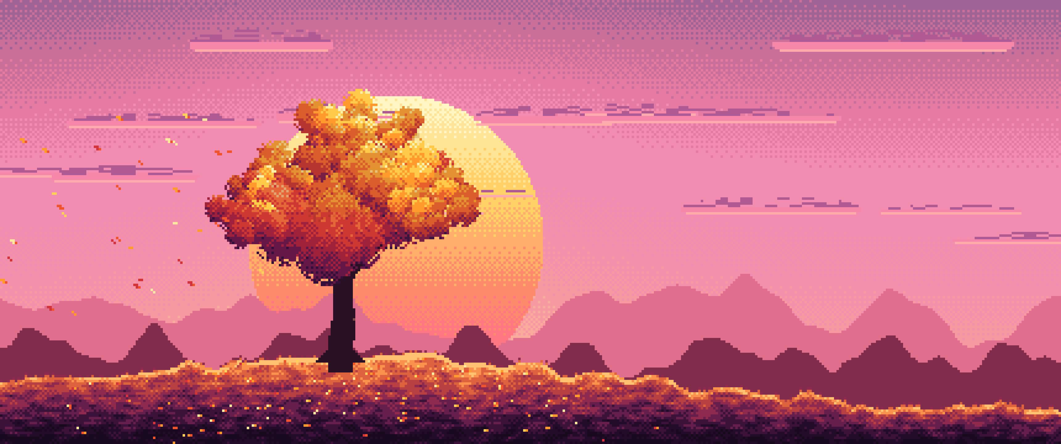 Pink Pixel Art Maple Tree at Sunset ultrawide wallpaper, 3440 × 1440