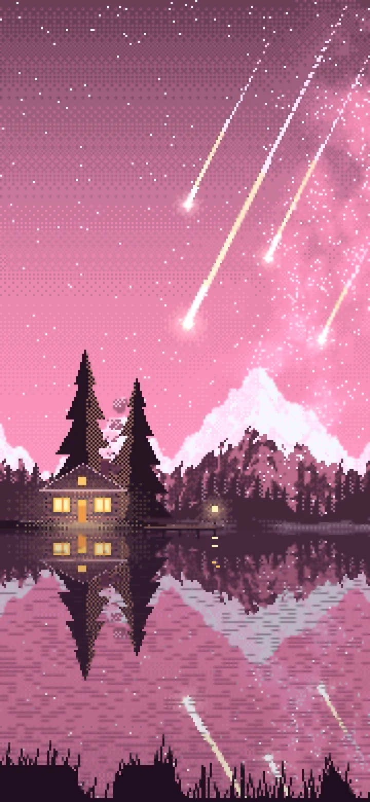 Pink Pixel Art Meteor Shower over a Lake wallpaper for iPhone and Android