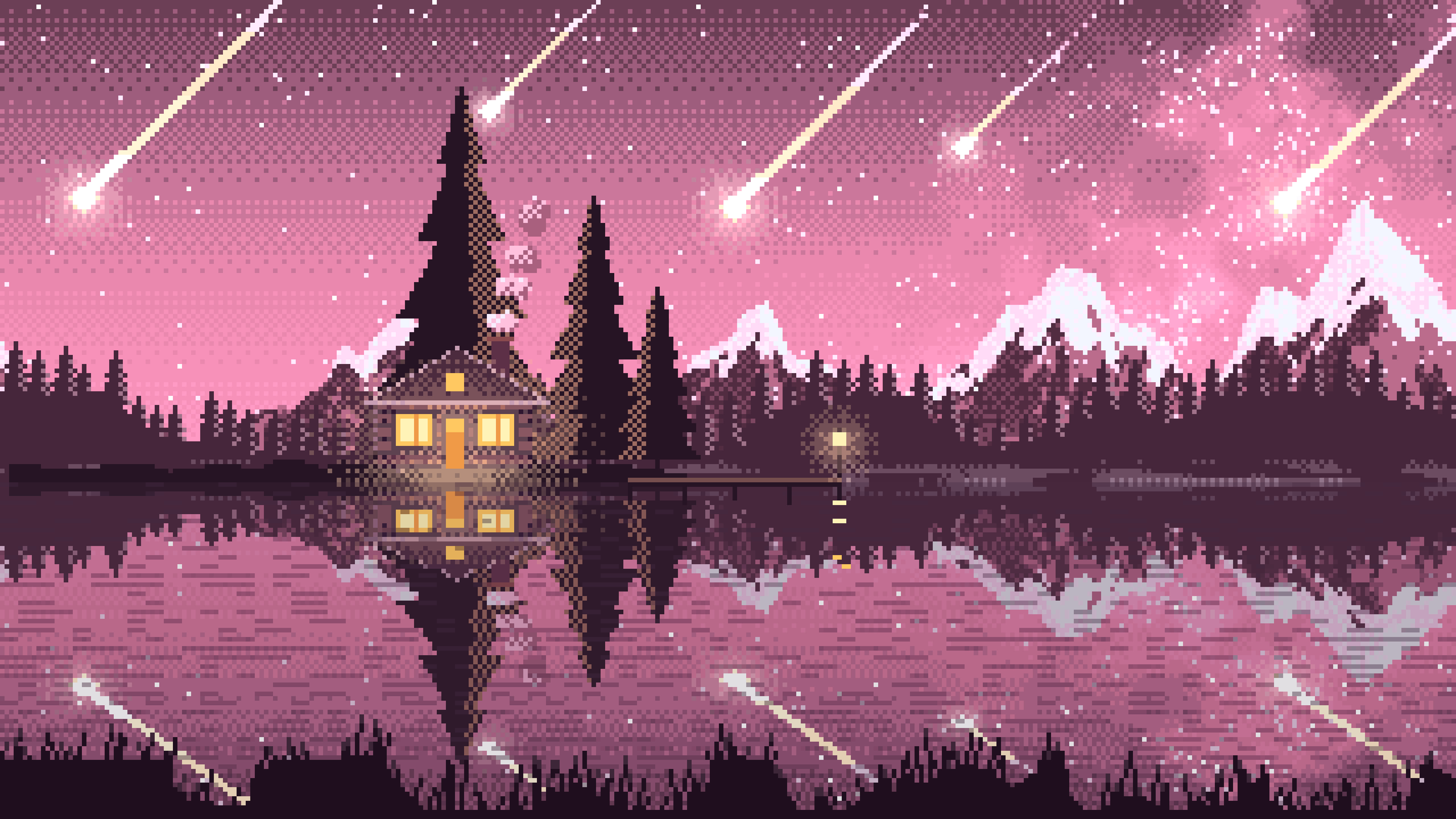 Pink Pixel Art Meteor Shower over a Lake desktop wallpaper in 4K