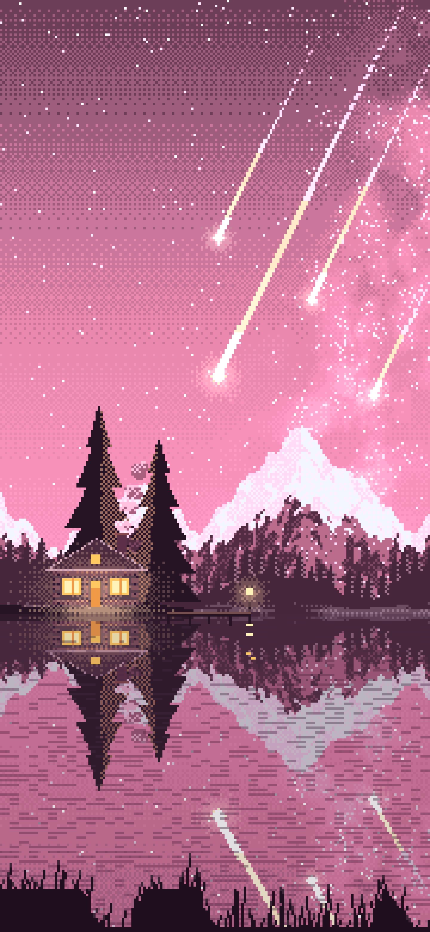 Pink Pixel Art Meteor Shower over a Lake wallpaper for iPhone and Android