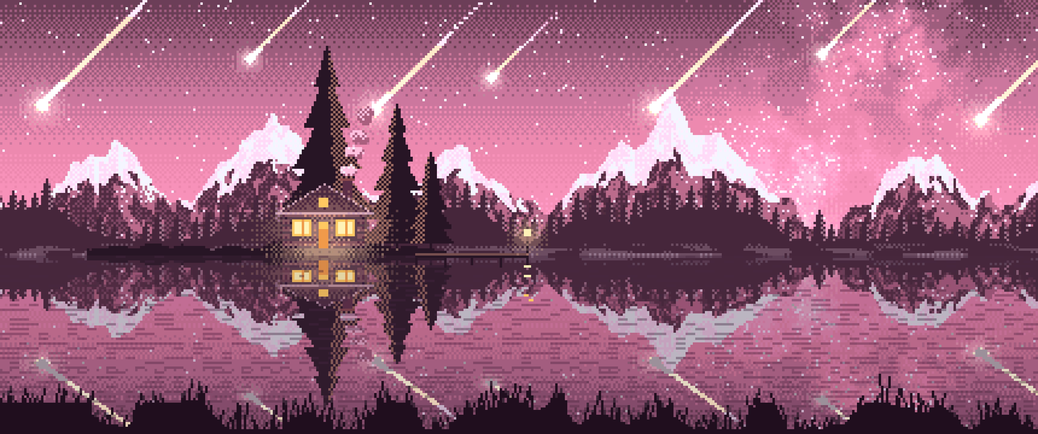 Pink Pixel Art Meteor Shower over a Lake ultrawide wallpaper, 3440 × 1440
