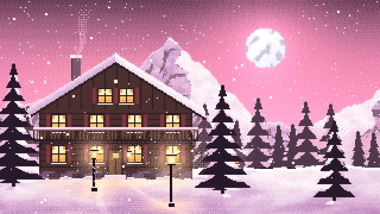 Pink Pixel Art Mountain Lodge at Night desktop wallpaper in 4K