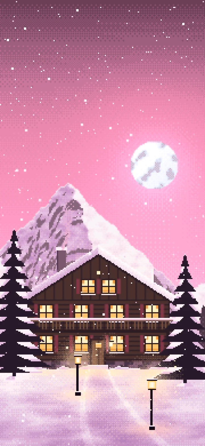 Pink Pixel Art Mountain Lodge at Night wallpaper for iPhone and Android