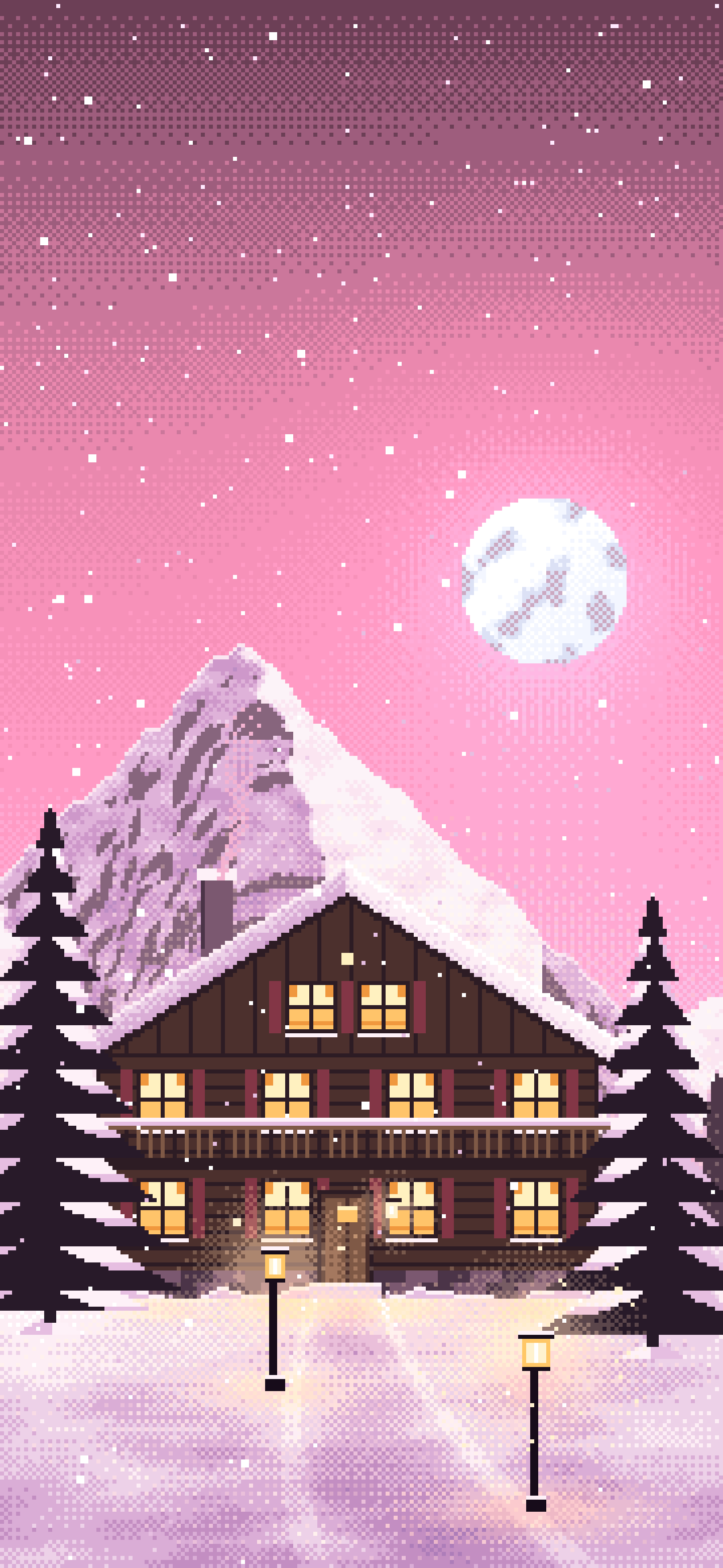 Pink Pixel Art Mountain Lodge at Night wallpaper for iPhone and Android