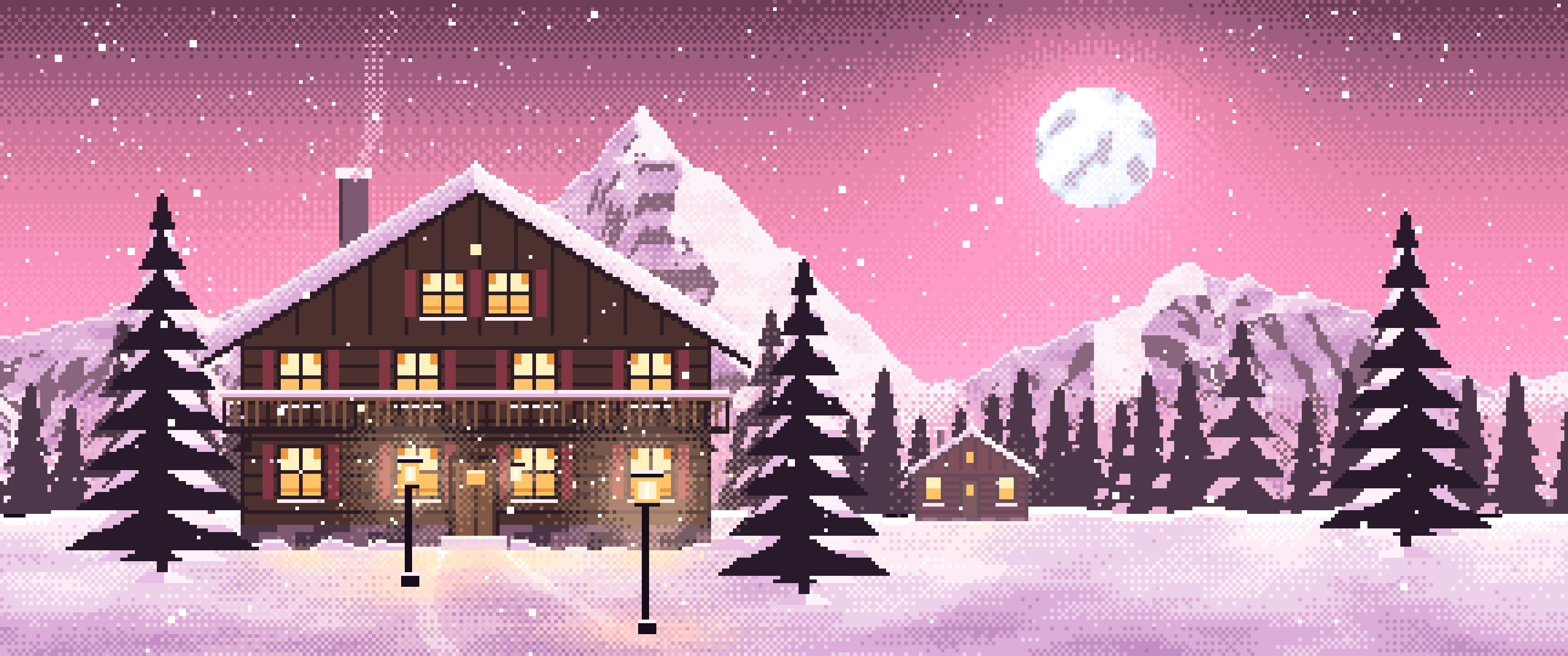 Pink Pixel Art Mountain Lodge at Night ultrawide wallpaper, 3440 × 1440