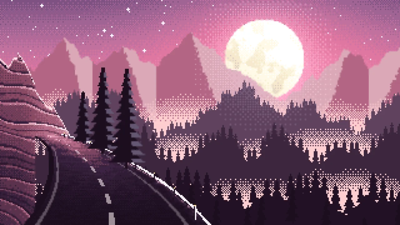 Pink Pixel Art Mountain Road Under the Moon desktop wallpaper in 4K