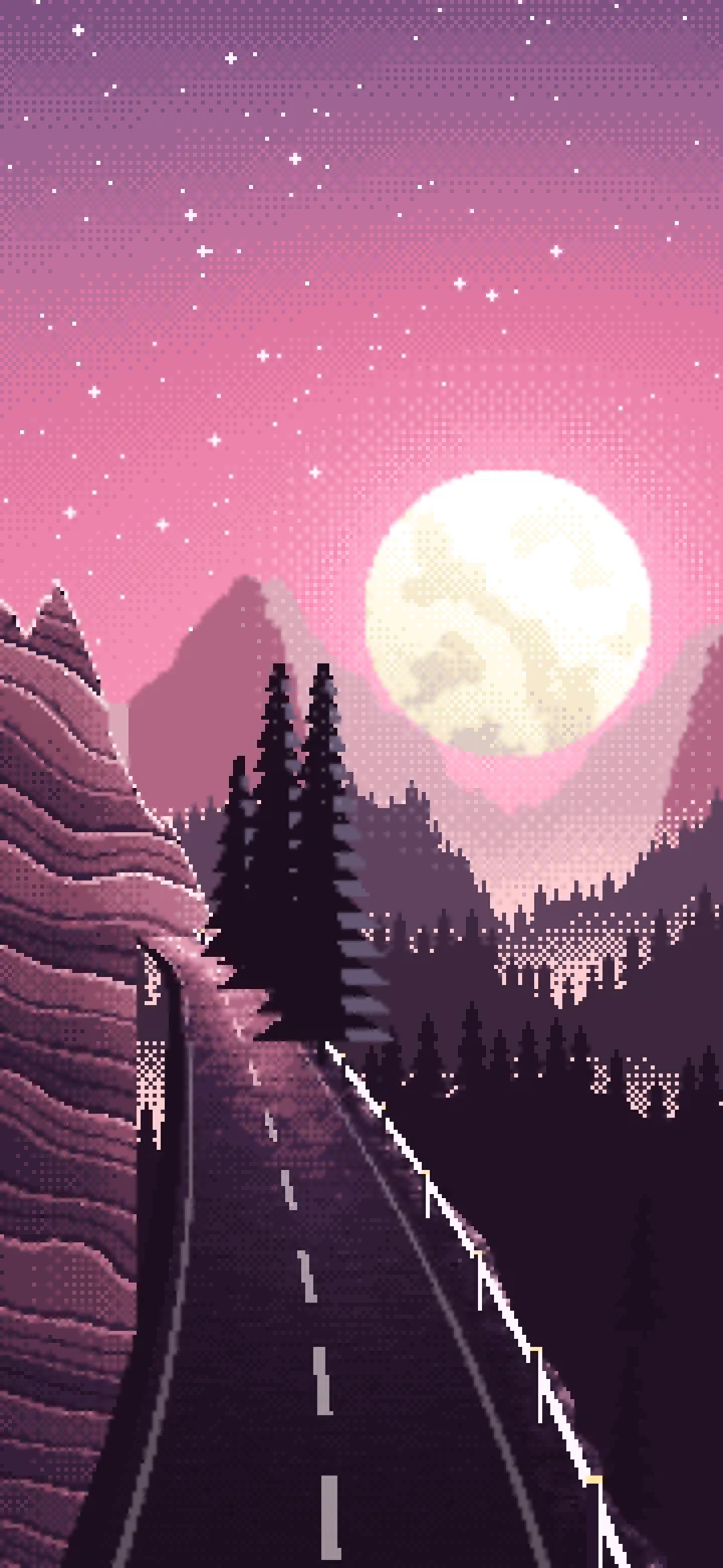 Pink Pixel Art Mountain Road Under the Moon wallpaper for iPhone and Android