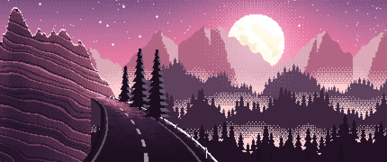 Pink Pixel Art Mountain Road Under the Moon ultrawide wallpaper, 3440 × 1440