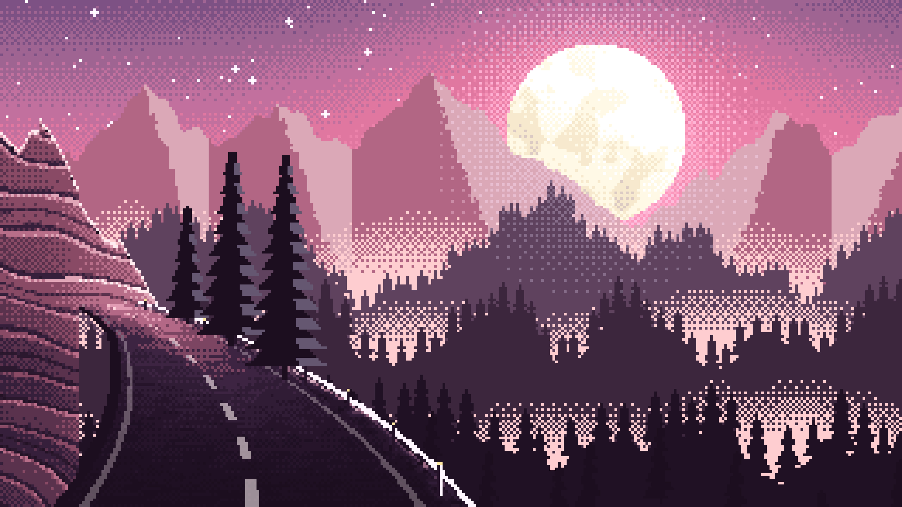 Pink Pixel Art Mountain Road Under the Moon desktop wallpaper in 4K