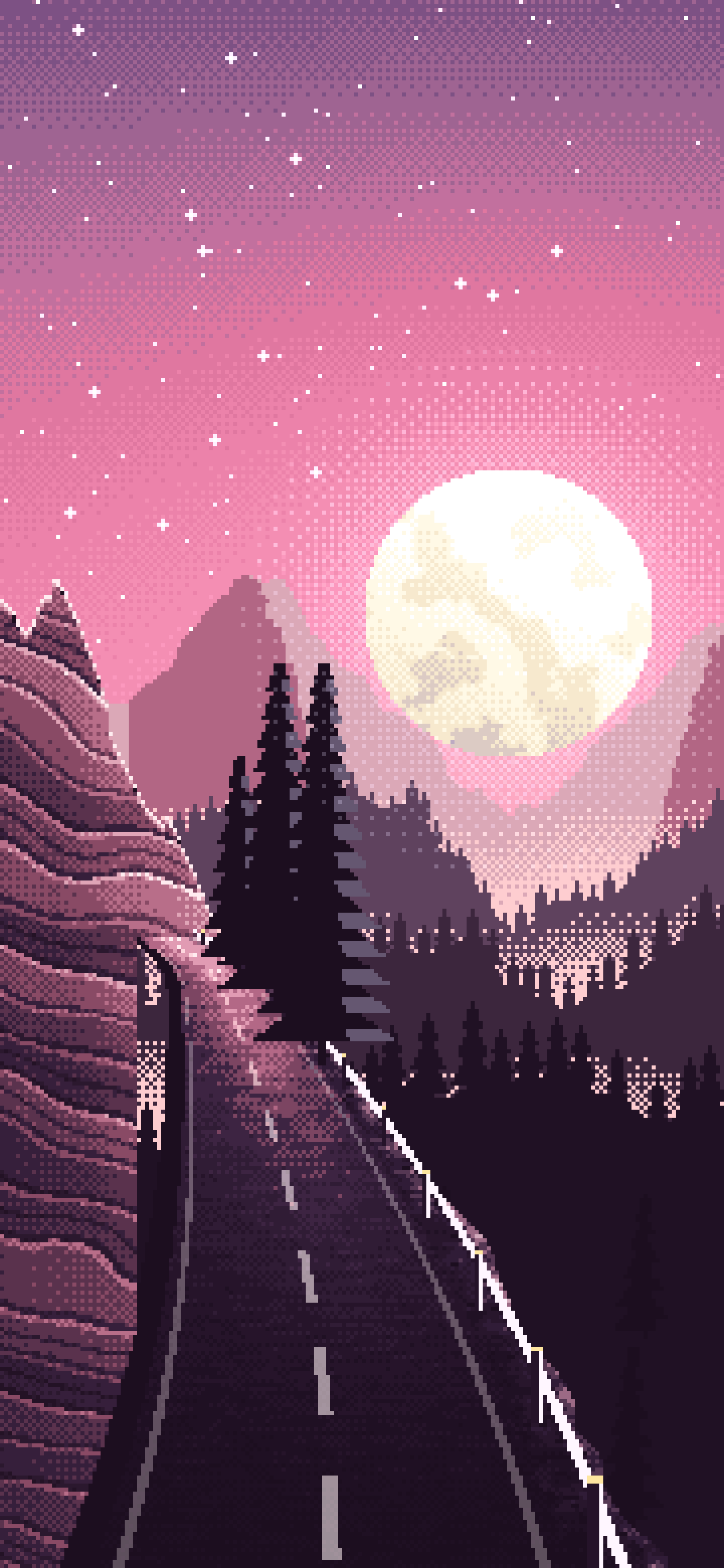 Pink Pixel Art Mountain Road Under the Moon wallpaper for iPhone and Android