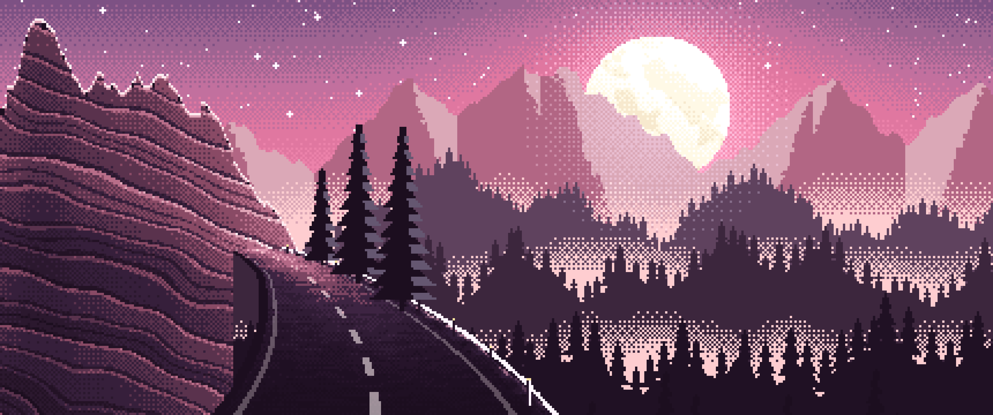 Pink Pixel Art Mountain Road Under the Moon ultrawide wallpaper, 3440 × 1440