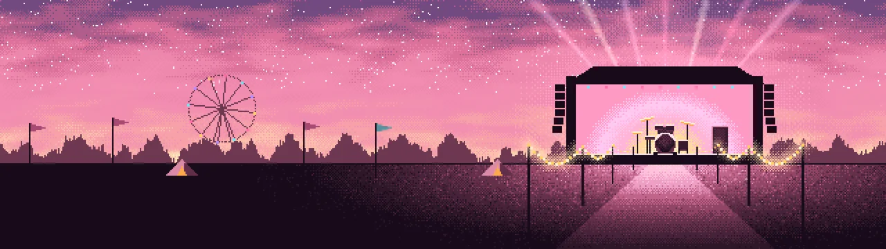 Pink Pixel Art Music Festival dual monitor wallpaper, 7680 × 2160