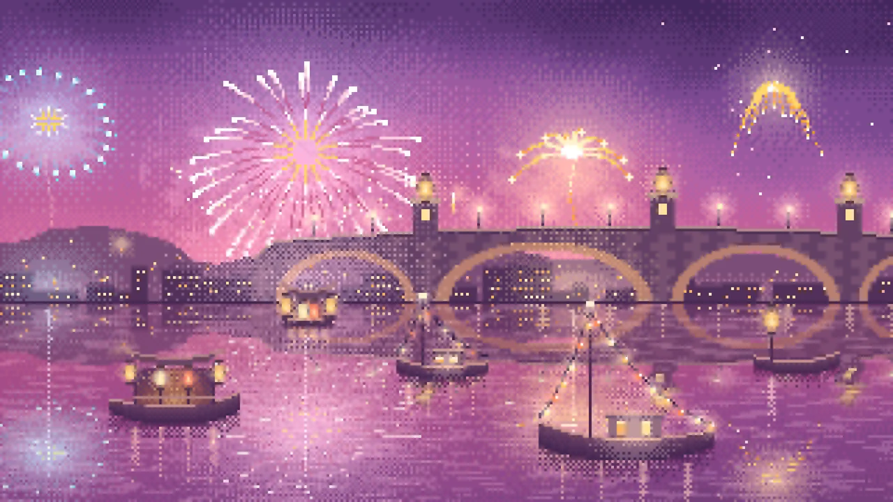 Pink Pixel Art New Year Fireworks Over a Harbor desktop wallpaper in 4K
