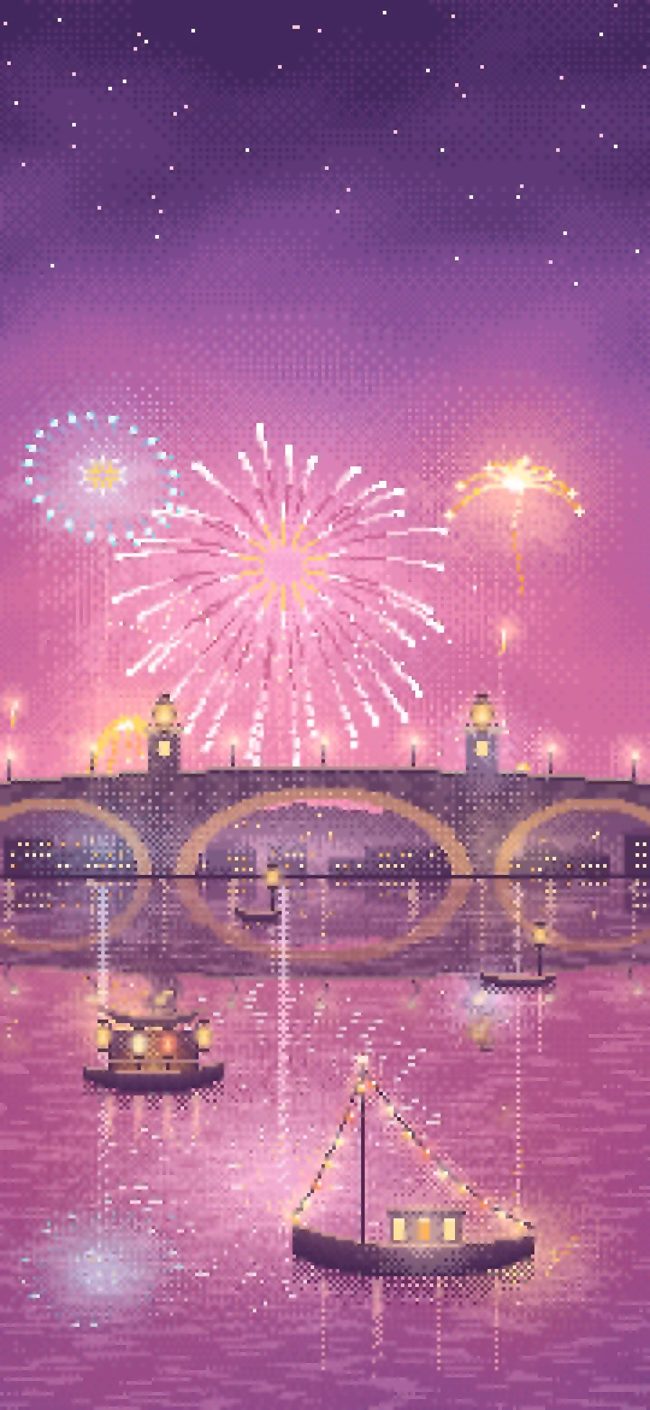 Pink Pixel Art New Year Fireworks Over a Harbor wallpaper for iPhone and Android