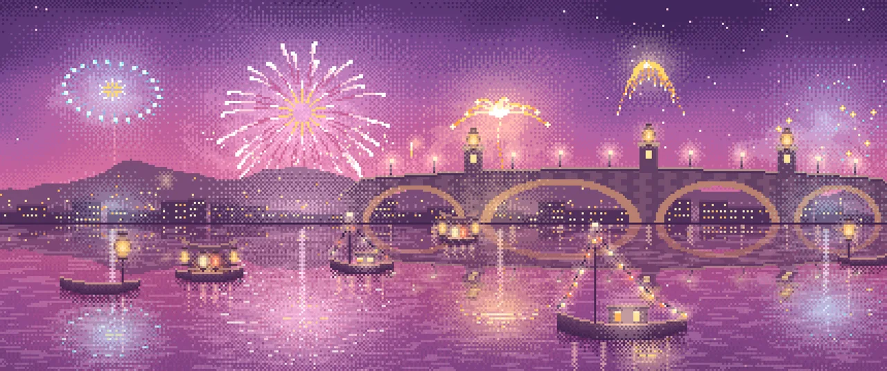 Pink Pixel Art New Year Fireworks Over a Harbor ultrawide wallpaper, 3440 × 1440