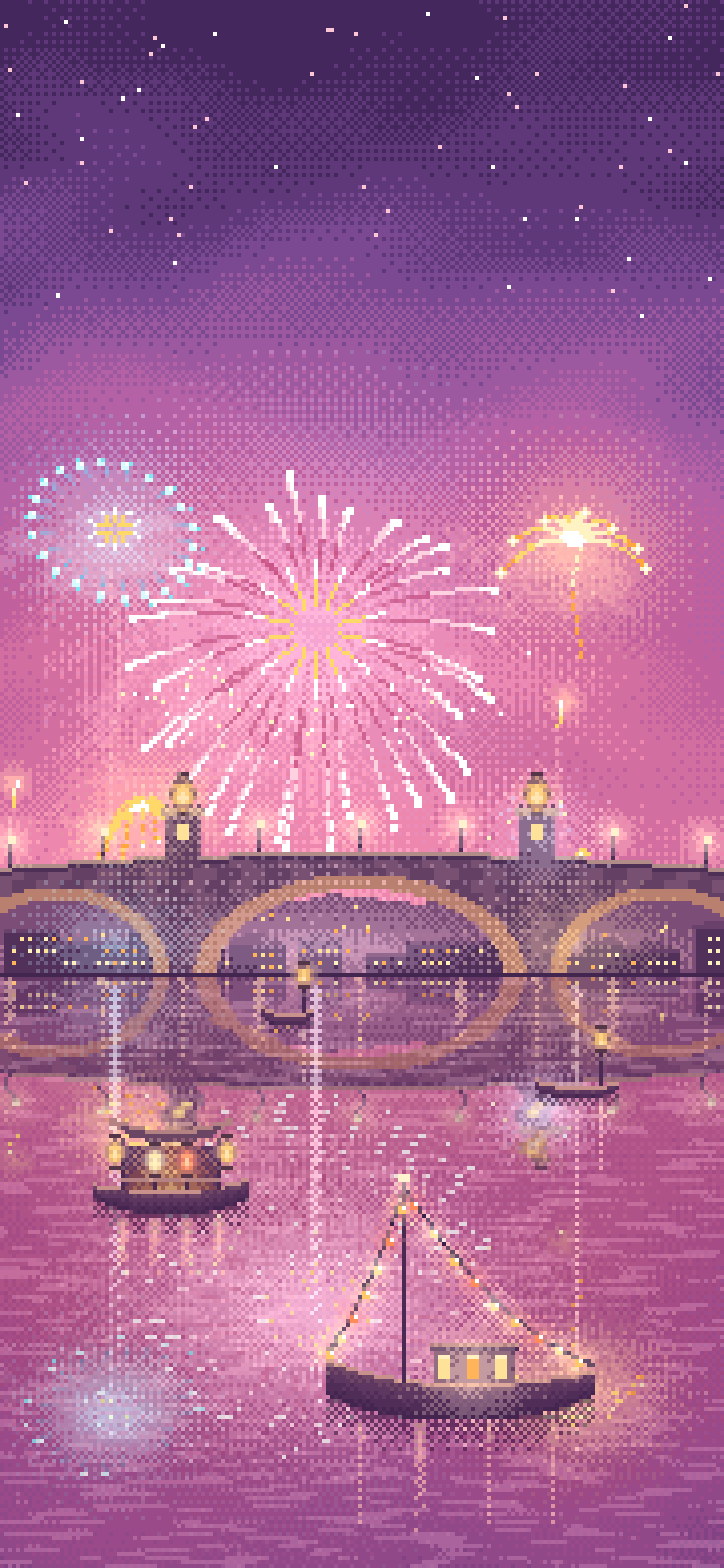 Pink Pixel Art New Year Fireworks Over a Harbor wallpaper for iPhone and Android