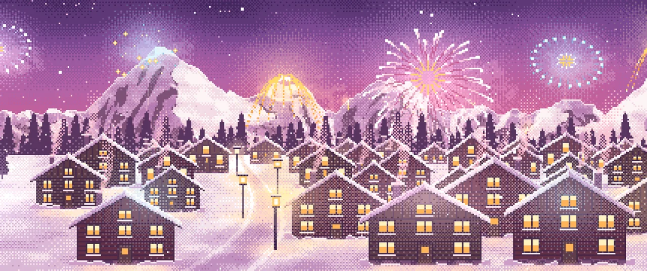Pink Pixel Art New Year Fireworks Over a Snowy Village ultrawide wallpaper, 3440 × 1440