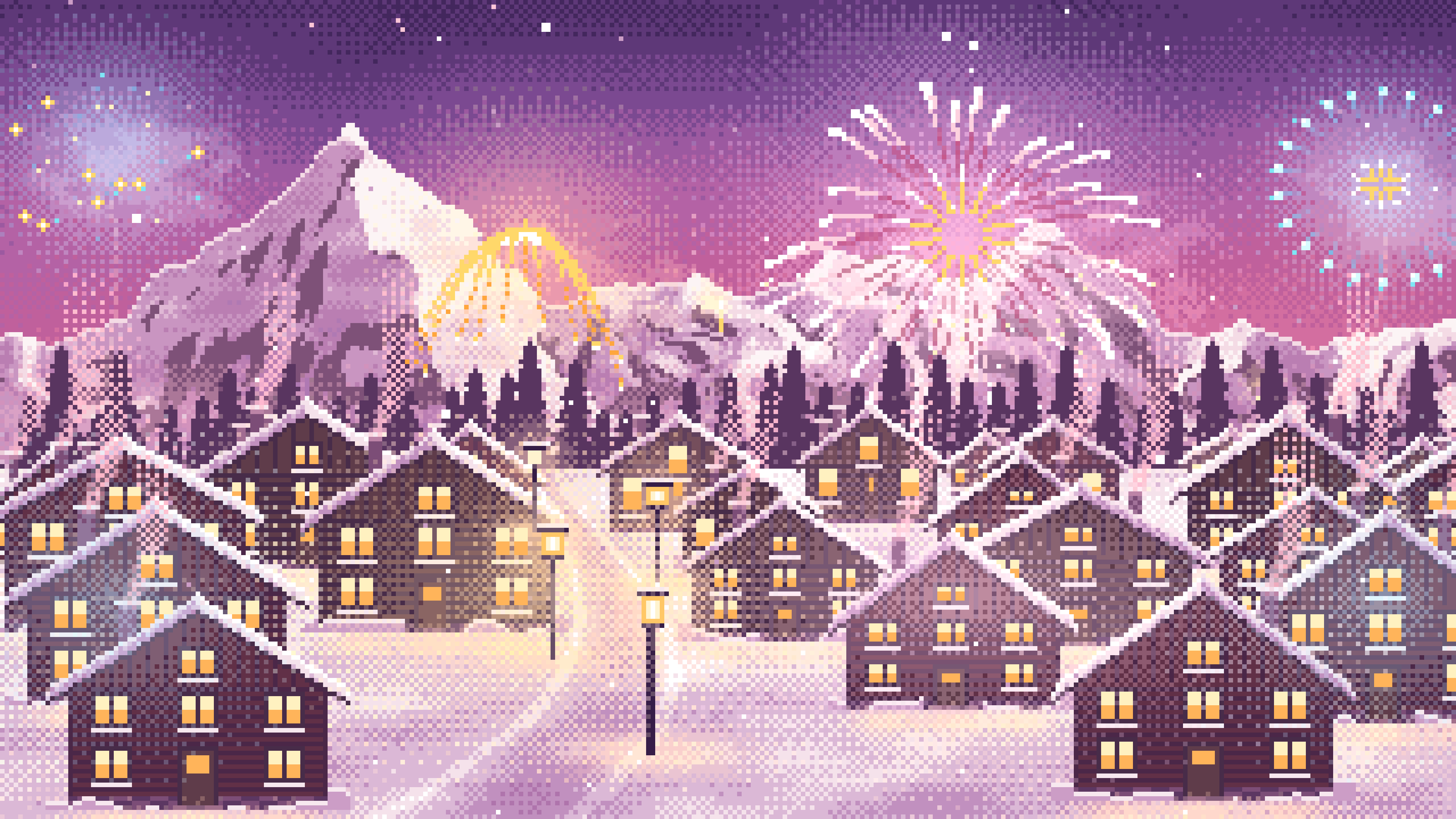 Pink Pixel Art New Year Fireworks Over a Snowy Village desktop wallpaper in 4K
